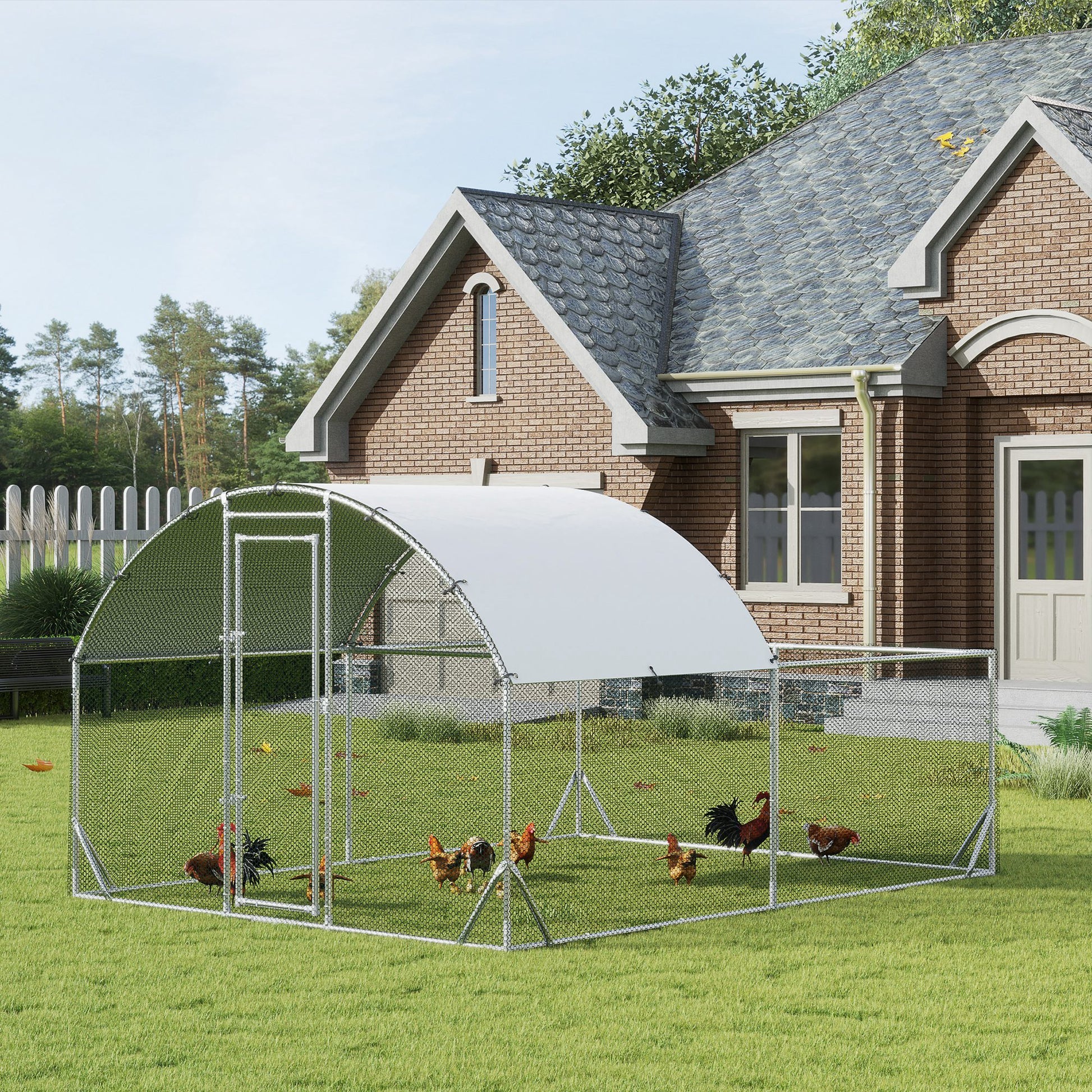 Pawhut Large Chicken Coop Metal Chicken Run For Chickens With Waterproof And Anti Uv Cover, Dome Shaped Walk In Fence Cage Hen House For Outdoor And Yard Farm Use, 1" Dia, 9.2' X 12.5' X 6.4' Silver Steel