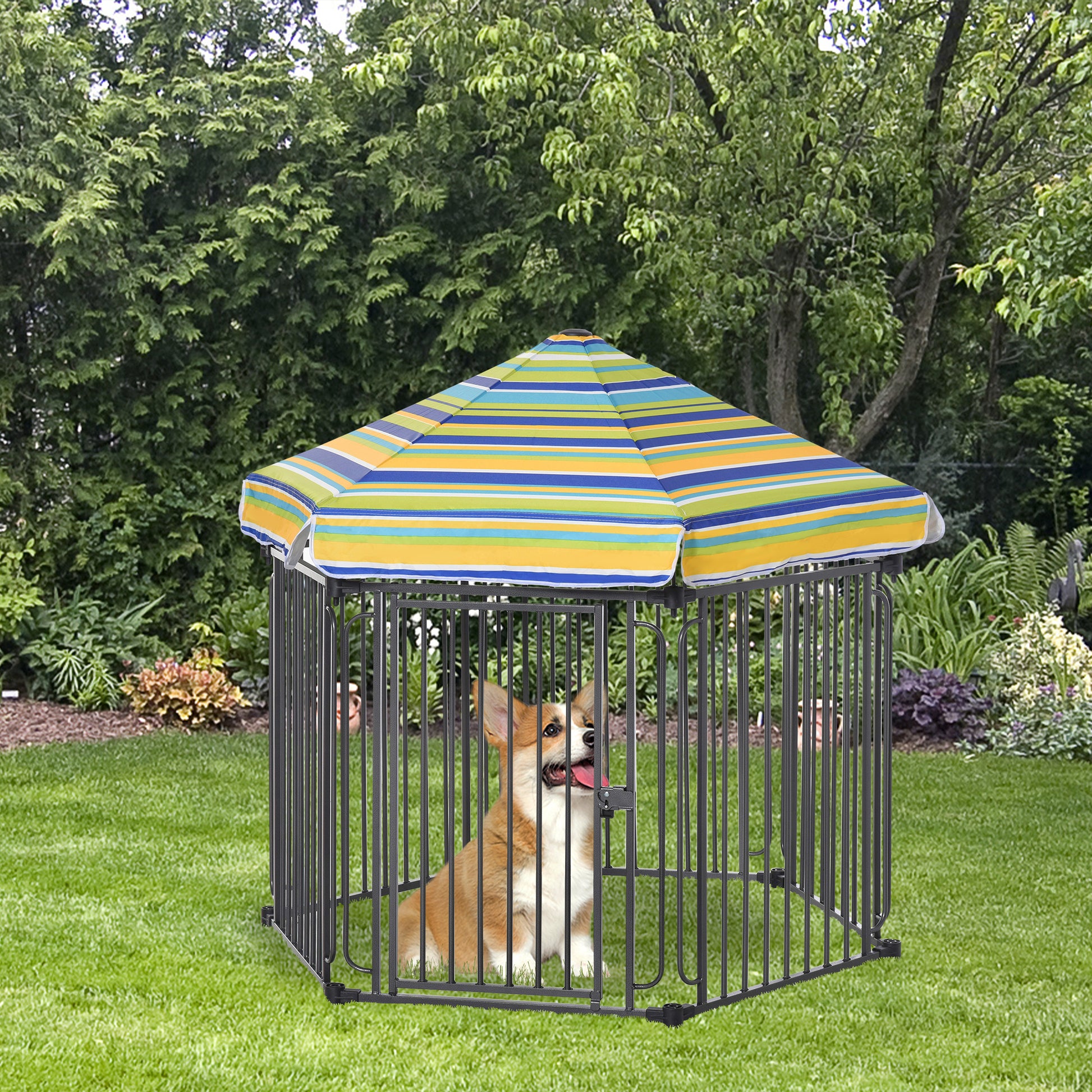 Pawhut 48" X 41" Heavy Duty Metal Dog Playpen, Outdoor Pet Cage Kennel, Puppy Exercise Fence Barrier With Weather Resistant Polyester Roof, Locking Door, & Metal Frame Black Steel