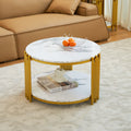 28.35 Inches Round Coffee Table, Small Coffee Table With Storage, Faux Marbling Top & Sturdy Metal Legs, Modern Sofa Table For Living Room, Small Spaces, Home Furniture With Storage Open Shelf. Gold Gold Mdf Metal