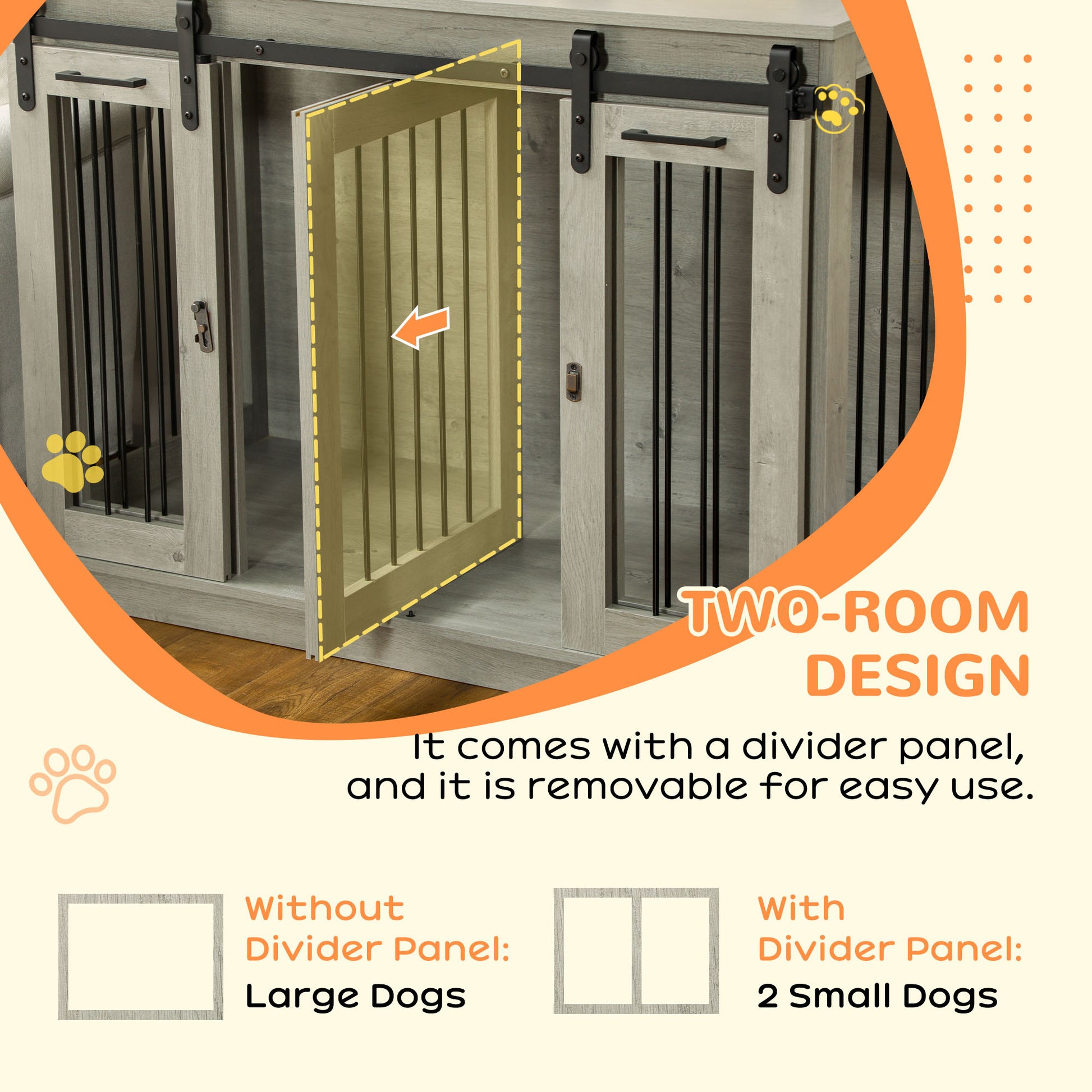 Pawhut Dog Crate Furniture With Divider, Dog Crate End Table For Small To Large Dogs, Large Indoor Dog Kennel With Double Doors, 47"W X 23.5"D X 35"H, Gray Gray Steel