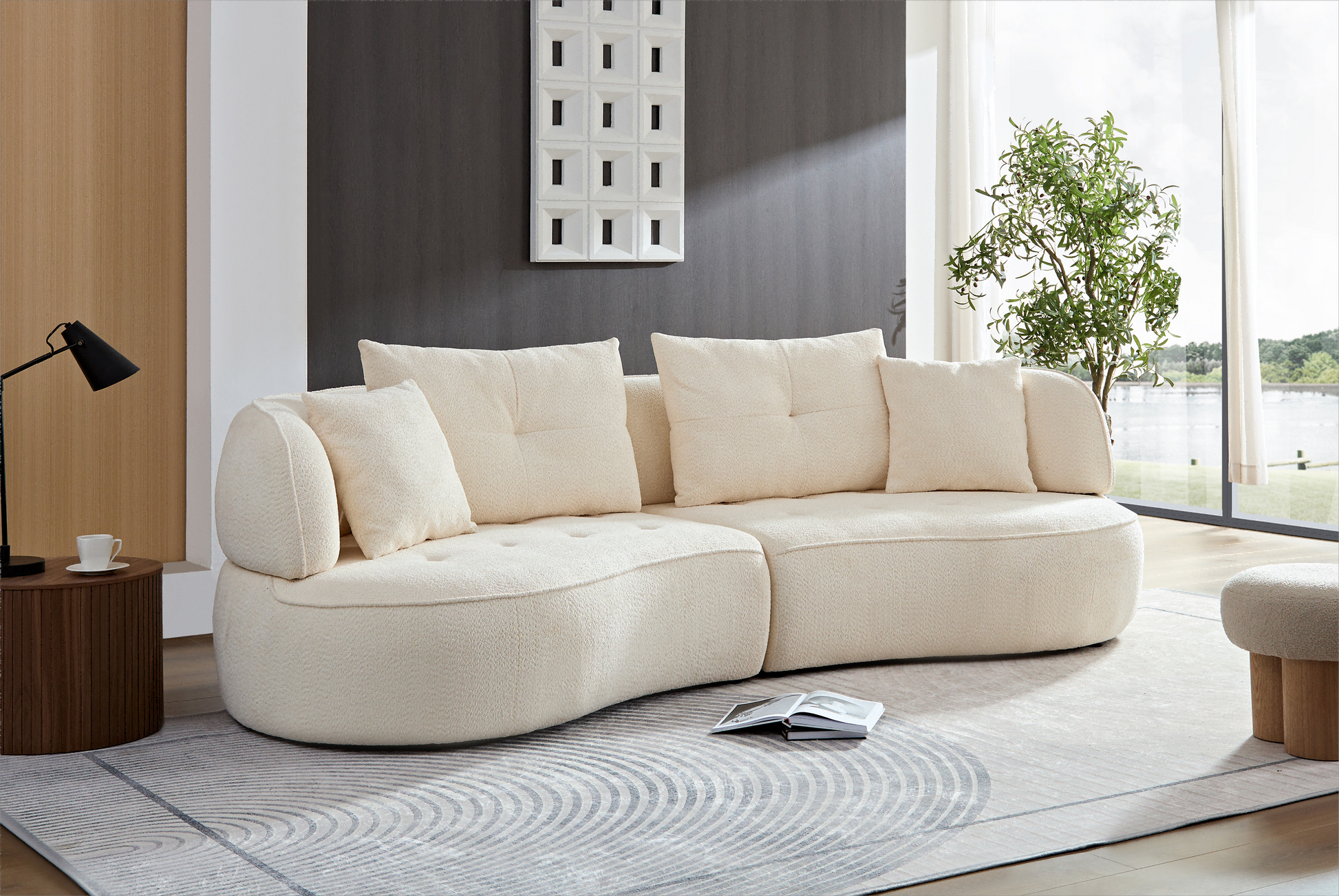 Wks7W White, 4 Seat Modular Sofa, Durable Fabric, Solid Wood Frame, High Density Sponge Cushion, 4 Pillows White Fabric 4 Seat