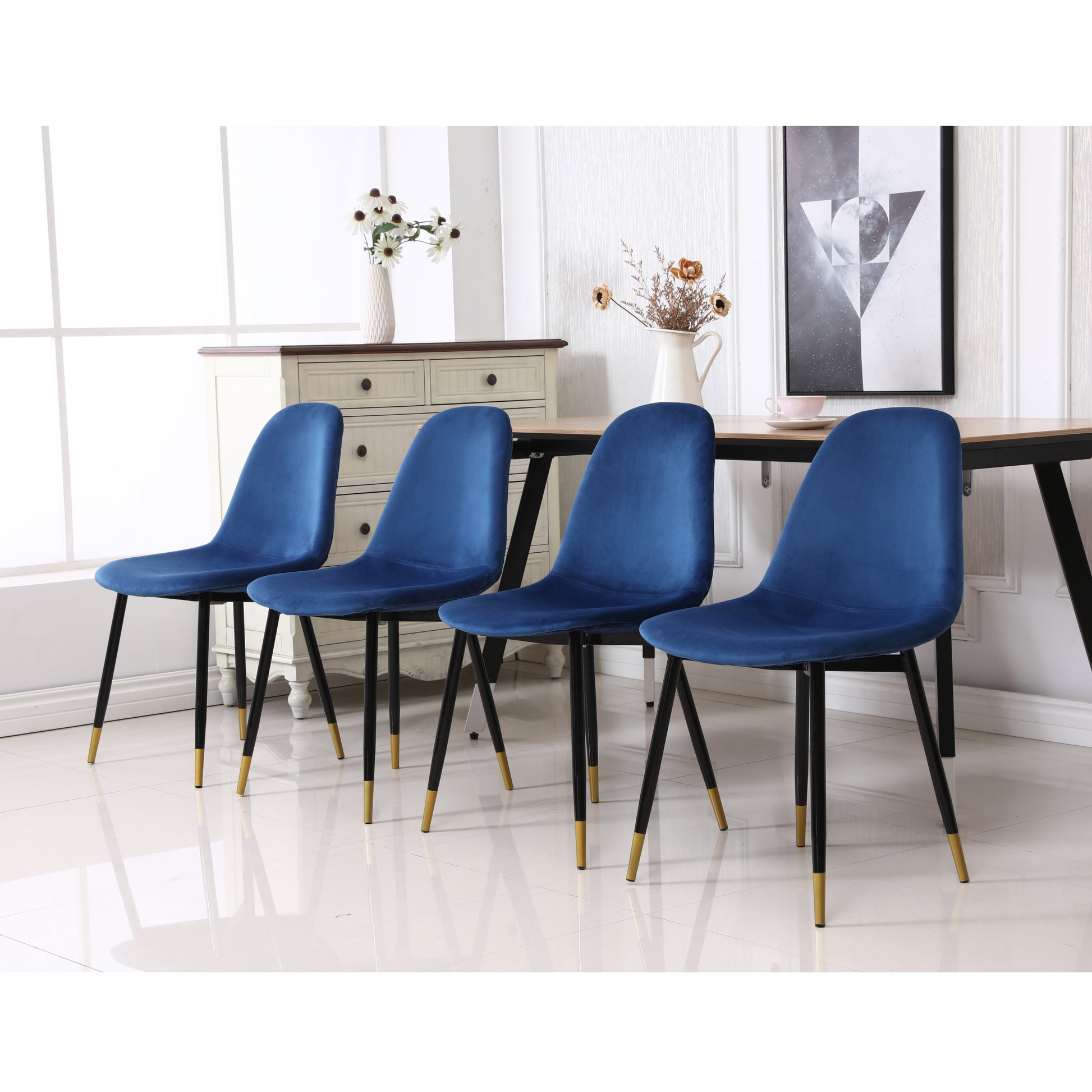 Lassan Contemporary Fabric Dining Chairs, Set Of 4, Blue Blue Polyester