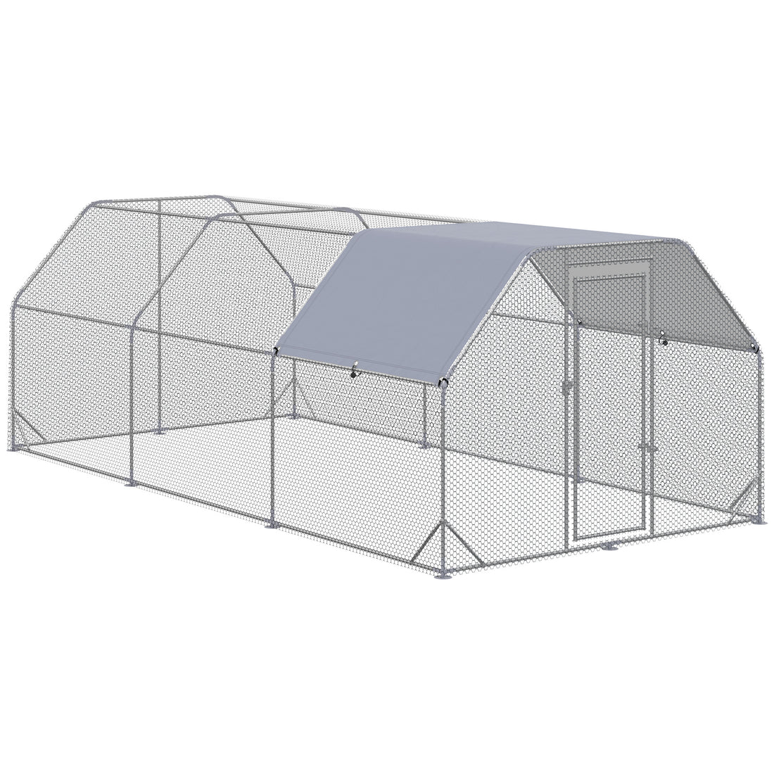 Pawhut Large Chicken Coop Metal Chicken Run With Waterproof And Anti Uv Cover, Flat Shaped Walk In Fence Cage Hen House For Outdoor And Yard Farm Use, 1" Tube Diameter, 9.2' X 18.7' X 6.4' Silver Steel