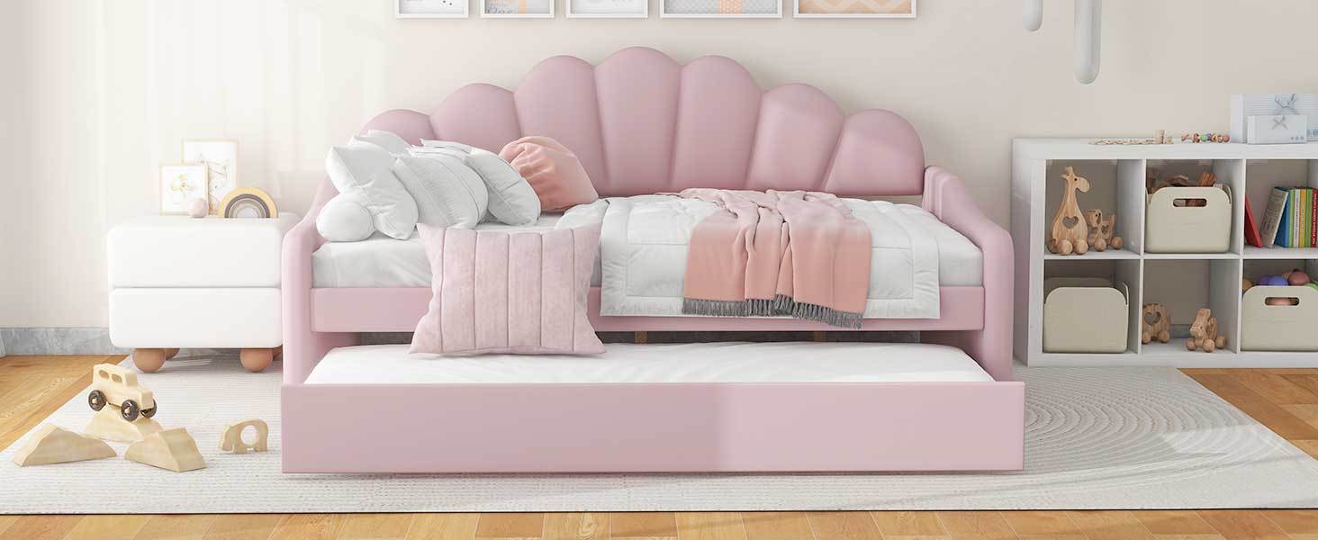 Full Size Upholstery Daybed Frame With Shall Shaped Backrest And Trundle,Pink Full Pink Upholstered