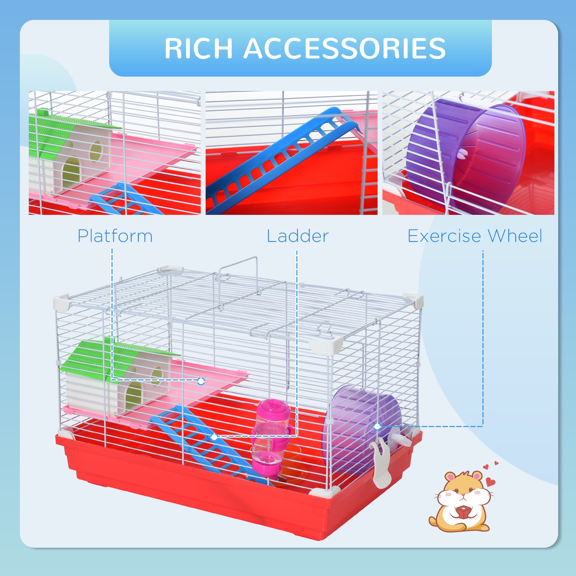 Pawhut 18.5" Hamster Cage With Exercise Wheel And Water Bottle, Dish, Rat House And Habitat 2 Story Design, Red Red Metal