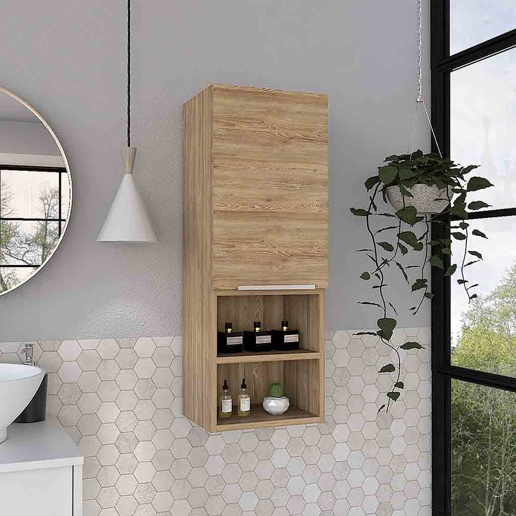 Medicine 32H" Single Door Cabinet, Two Interior Shelves, Two External Shelves, Light Oak Beige Particle Board Particle Board