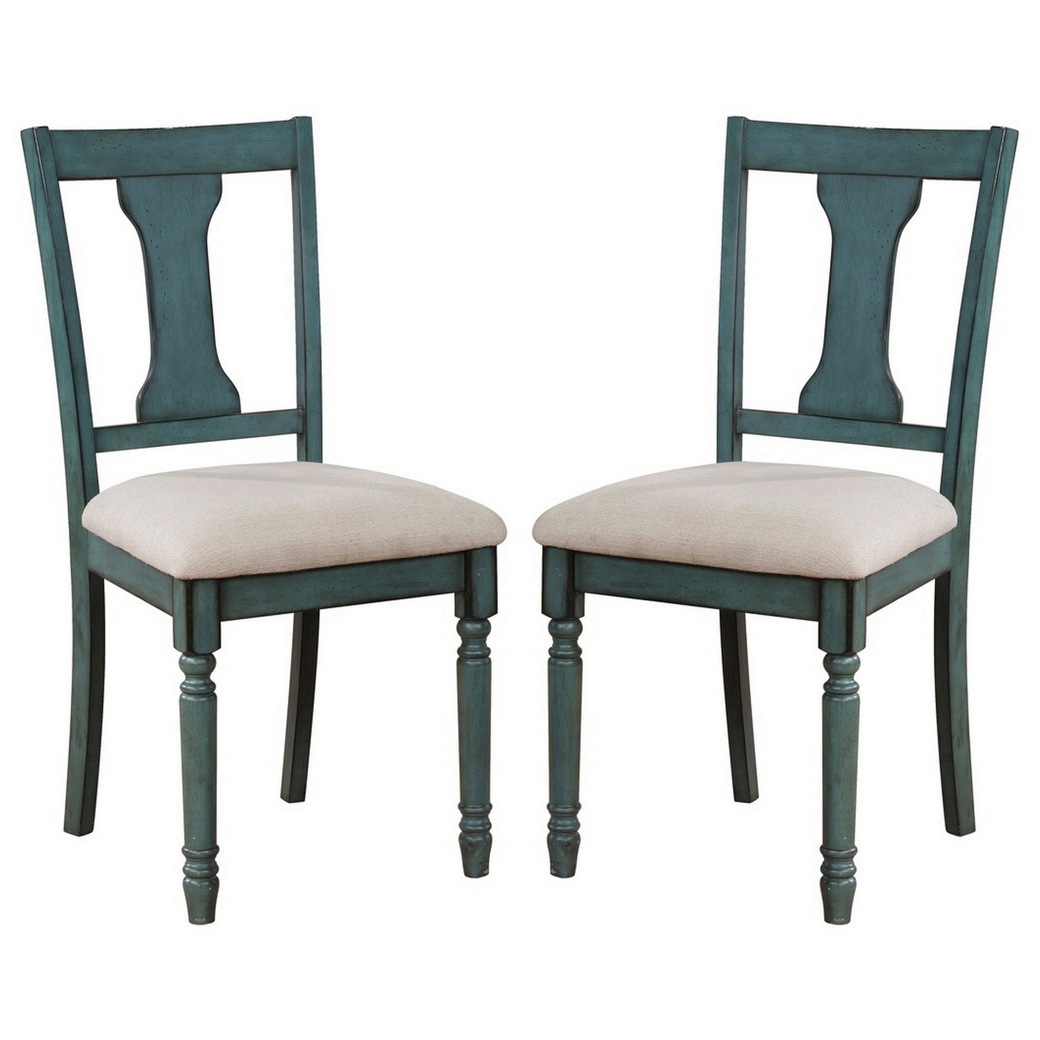 Wooden Side Chair With Open Chiseled Design Back, Set Of 2, Blue Blue Wood Fabric