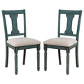 Wooden Side Chair With Open Chiseled Design Back, Set Of 2, Blue Blue Wood Fabric