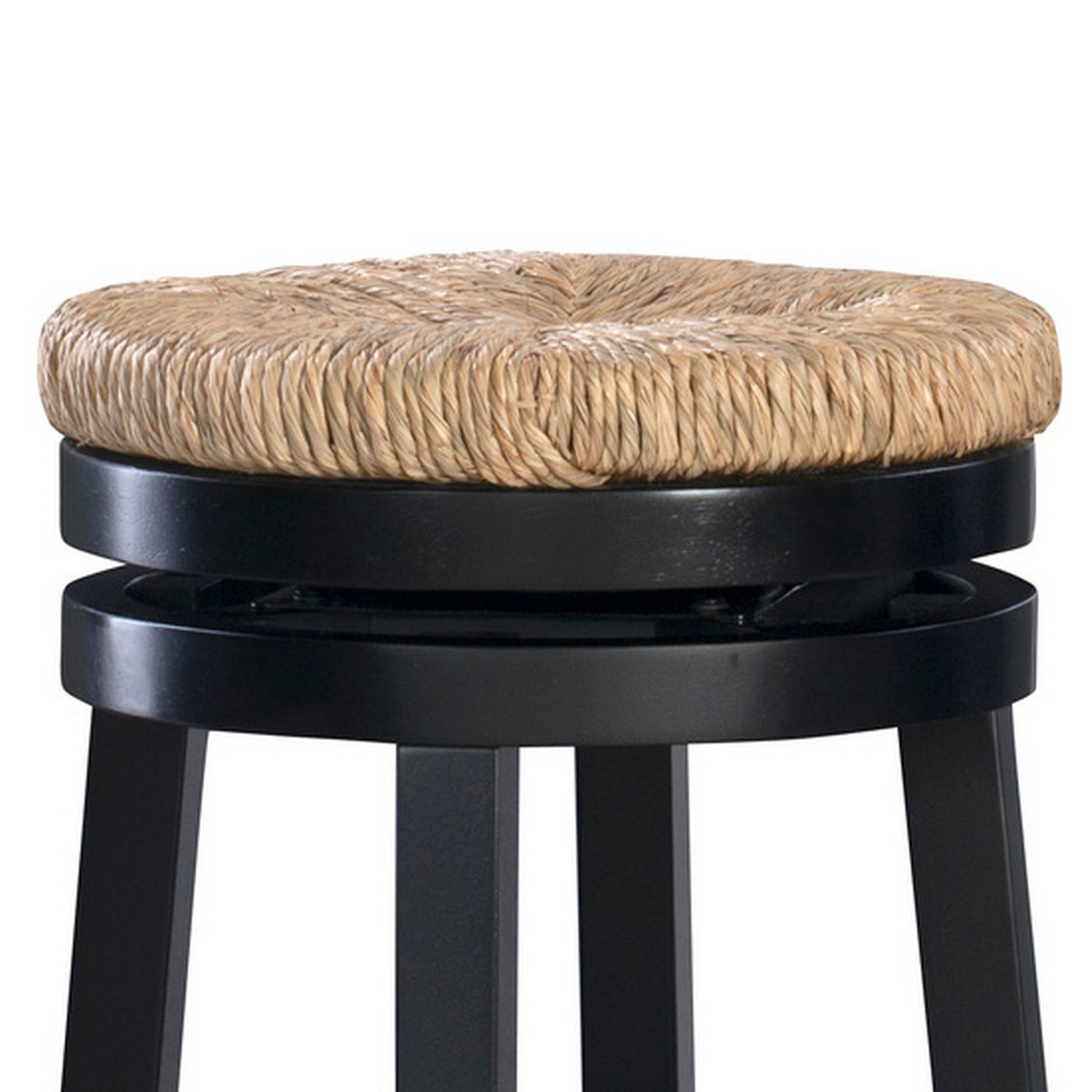 Wooden Counter Stool With Round Rattan Padded Seat, Black And Brown Black White Wood Fabric