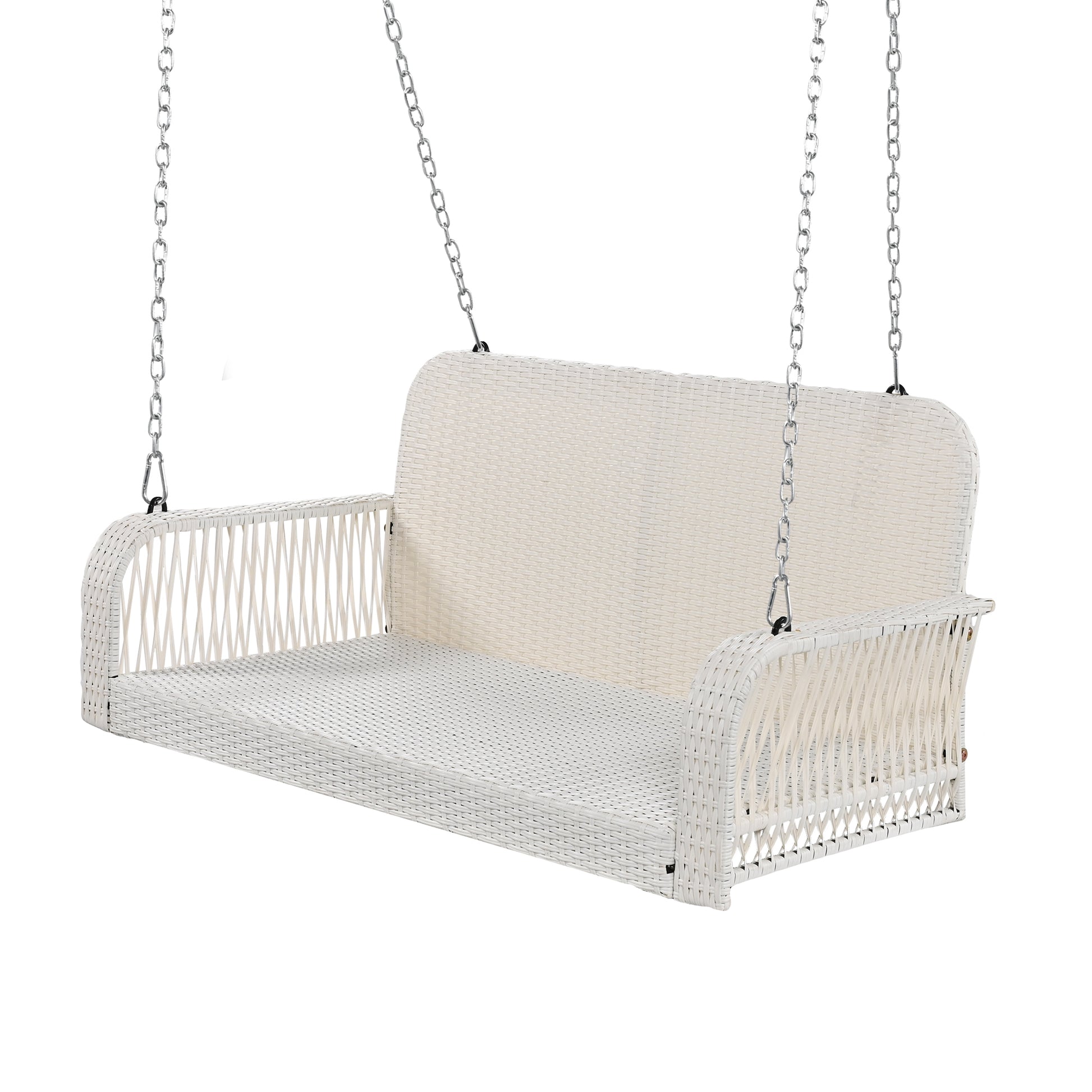 Pe Wicker Porch Swing, 2 Seater Hanging Bench With Chains, Patio Furniture Swing For Backyard Garden Poolside, White And Gray Grey White Foam Wicker