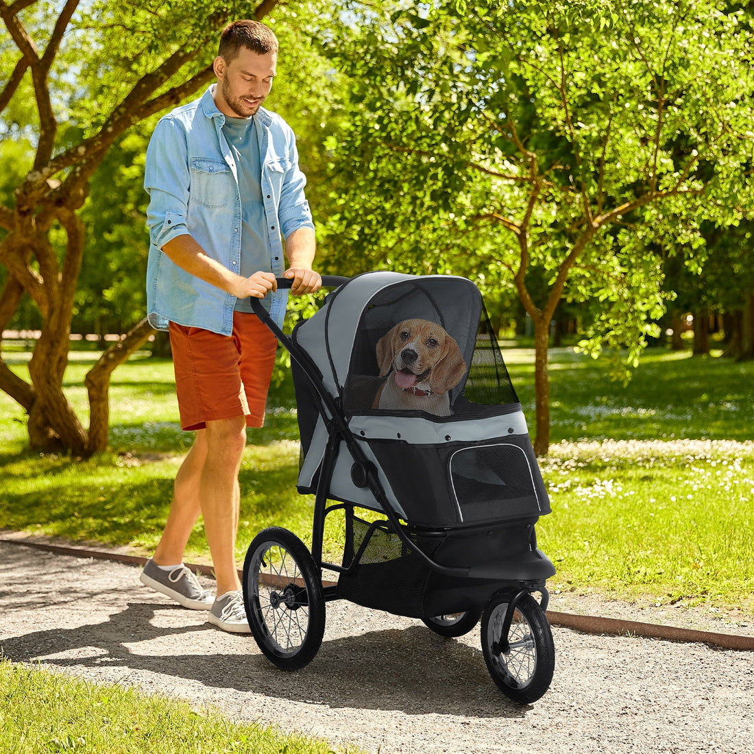 Pawhut Pet Stroller For Small And Medium Dogs, 3 Big Wheels Foldable Cat Stroller With Adjustable Canopy, Safety Tether, Storage Basket, Gray Gray Steel