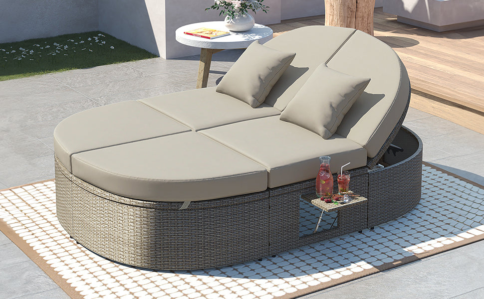 Outdoor Sun Bed Patio 2 Person Daybed With Cushions And Pillows, Rattan Garden Reclining Chaise Lounge With Adjustable Backrests And Foldable Cup Trays For Lawn,Poolside, Gray Yes Complete Patio Set Gray Weather Resistant Frame Water Resistant Cushion