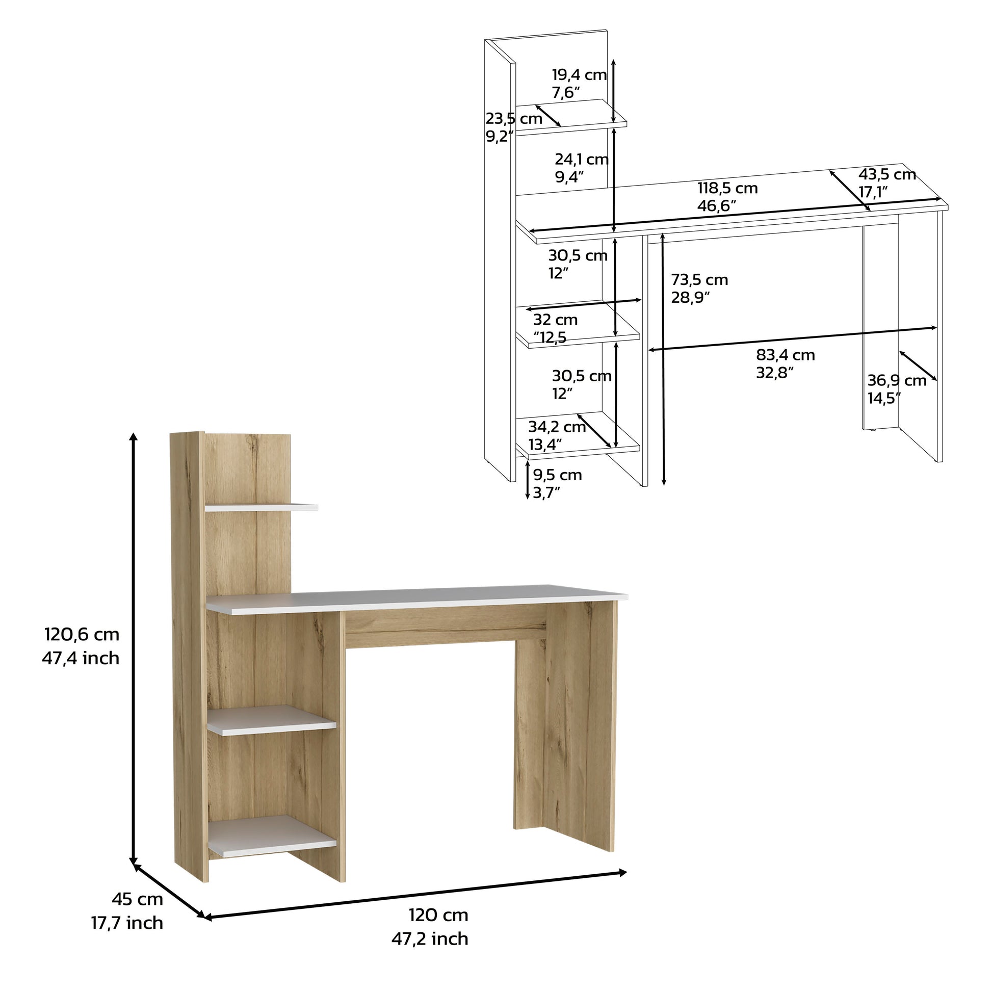 Toronto 120 Writing Desk, Four Shelves, White Pine Multicolor Particle Board Particle Board