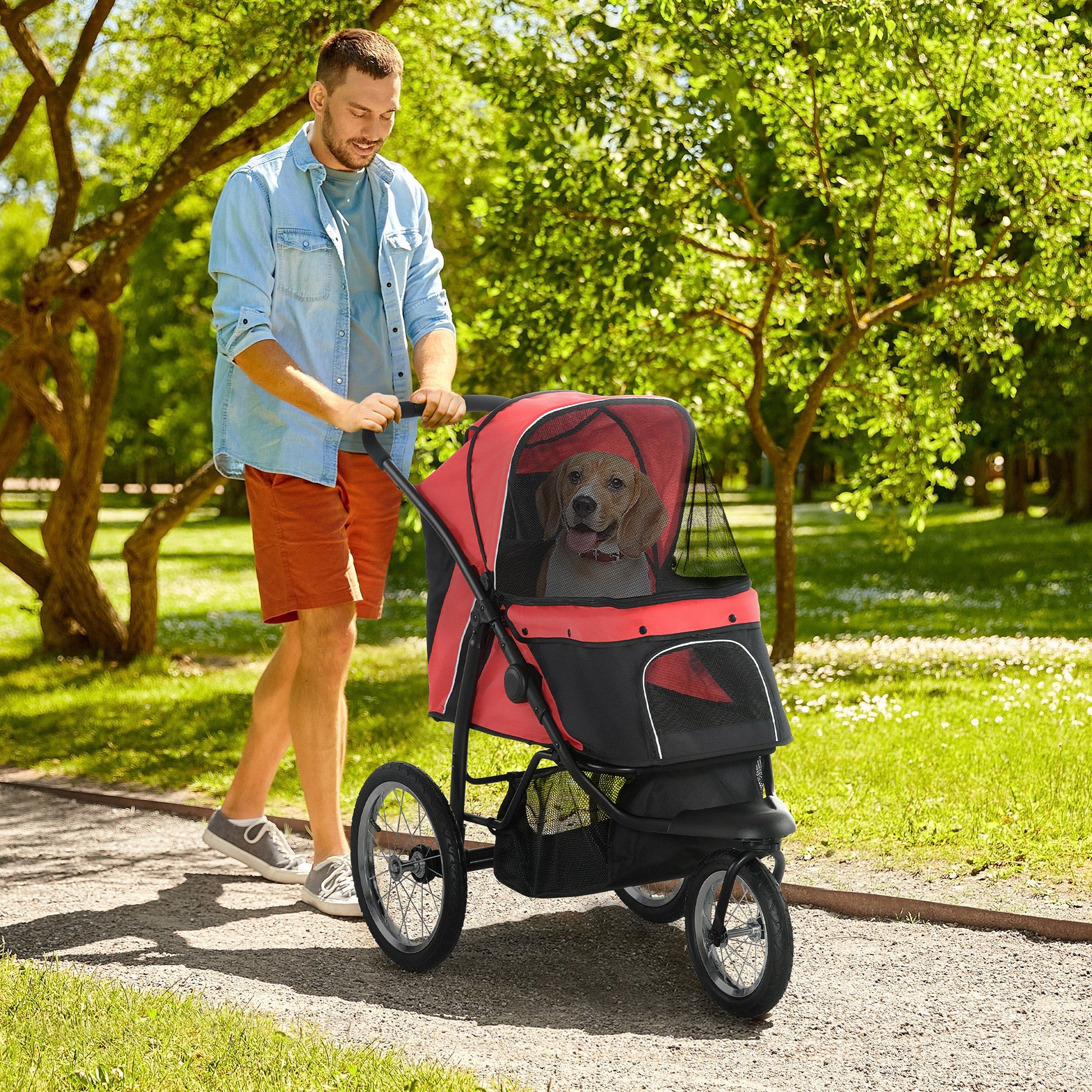 Pawhut Pet Stroller For Small And Medium Dogs, 3 Big Wheels Foldable Cat Stroller With Adjustable Canopy, Safety Tether, Storage Basket, Red Red Steel