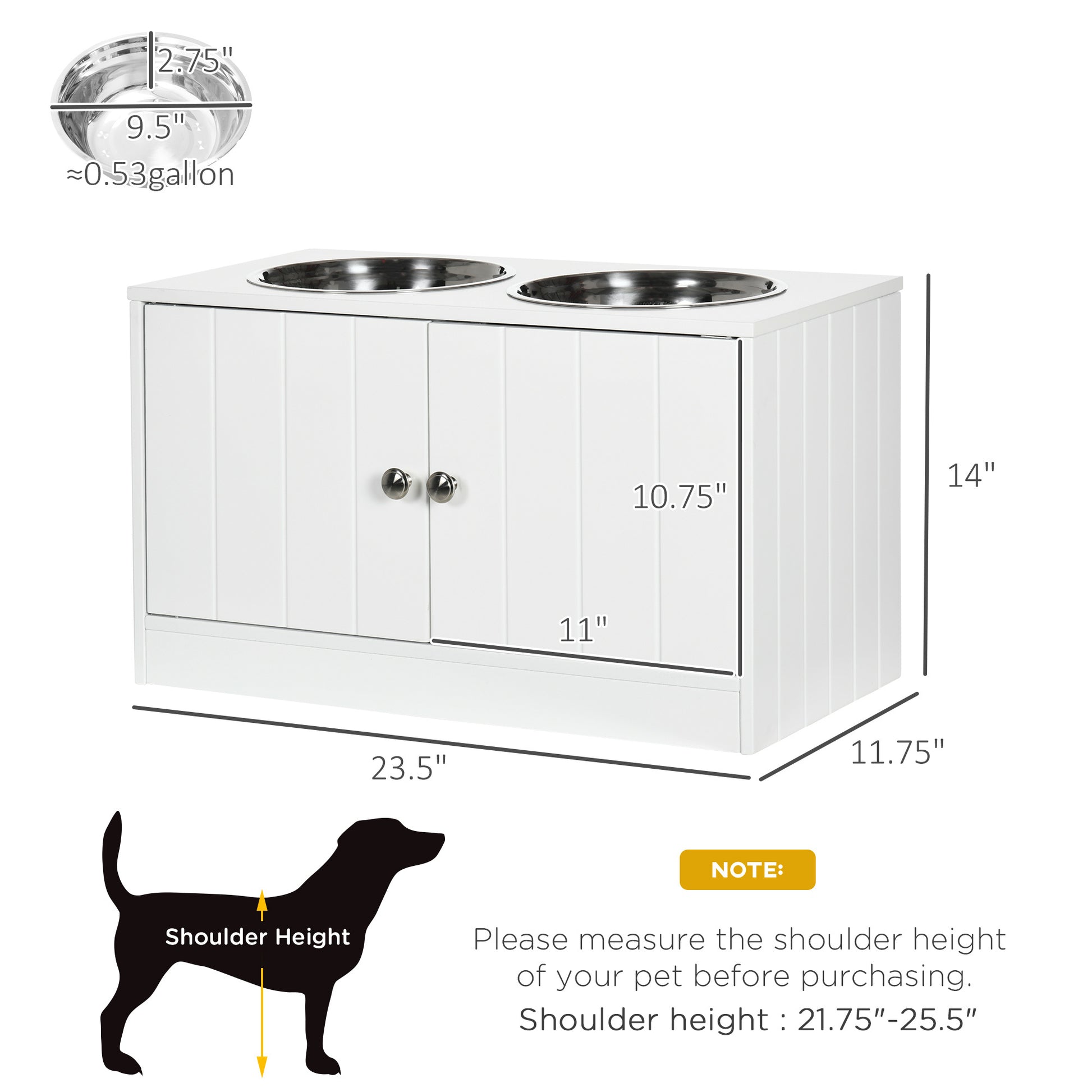 Pawhut Large Elevated Dog Bowls With Storage Cabinet Containing Large 44L Capacity, Raised Dog Bowl Stand Pet Food Bowl Dog Feeding Station, White White Steel