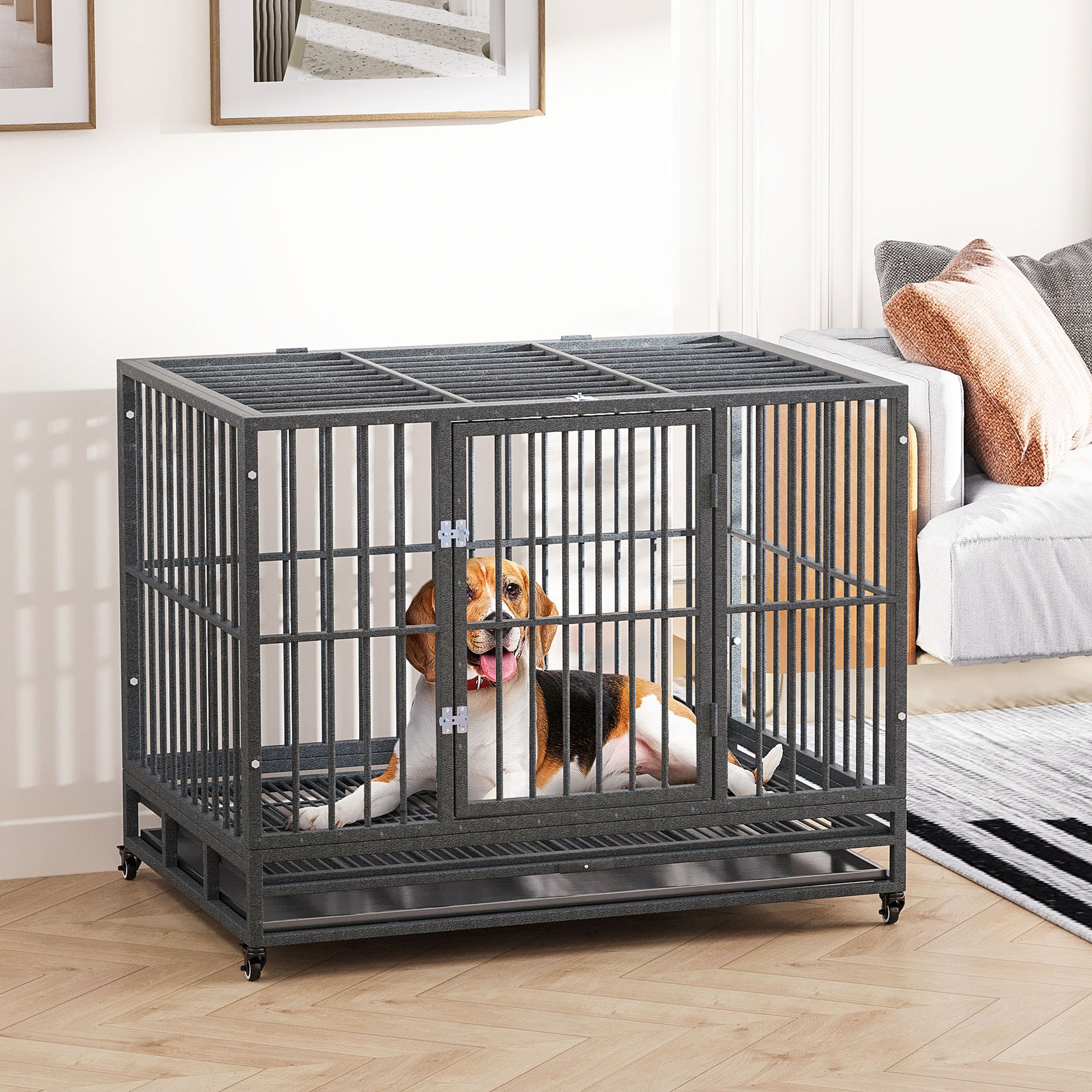 Pawhut 43" Heavy Duty Dog Crate Metal Cage Kennel With Lockable Wheels, Double Door And Removable Tray, Grey Gray Steel