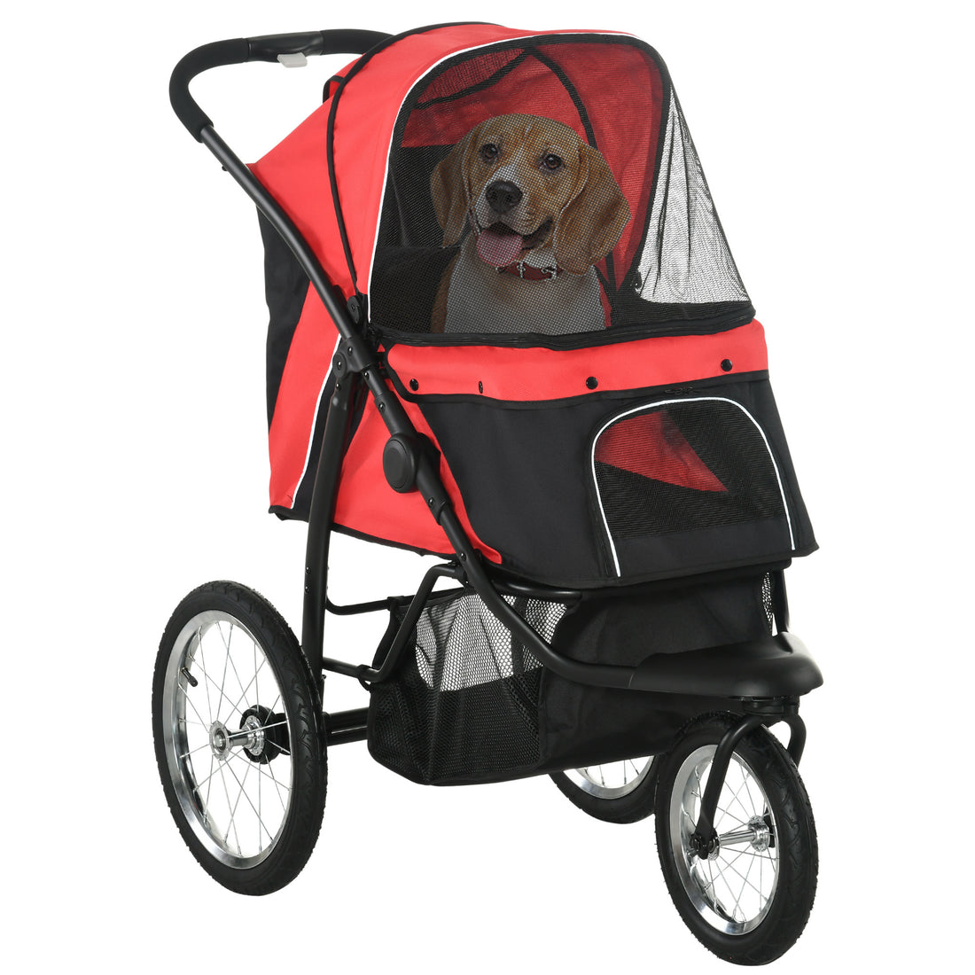 Pawhut Pet Stroller For Small And Medium Dogs, 3 Big Wheels Foldable Cat Stroller With Adjustable Canopy, Safety Tether, Storage Basket, Red Red Steel