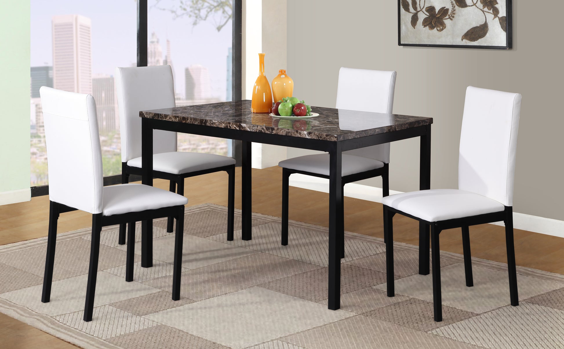 Citico 5 Piece Metal Dinette Set With Laminated Faux Marble Top, White Metal Wood Black White Seats 4 Metal 48 Inches Fixed Table Rectangular 4 Leg Rectangular Dining Table With Chair Metal