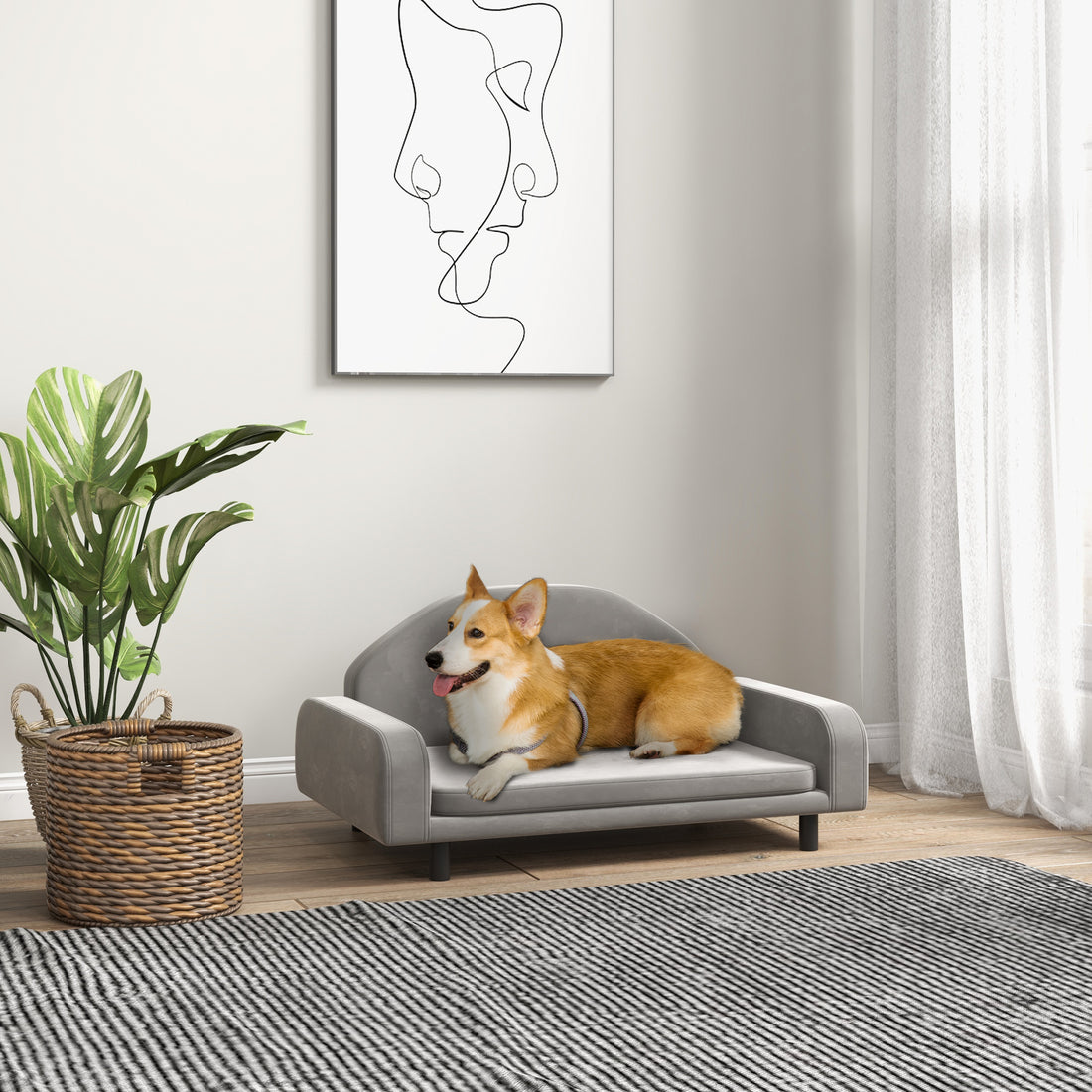 PawHut Raised Dog Sofa, Elevated Pet Sofa for Small gray-wood