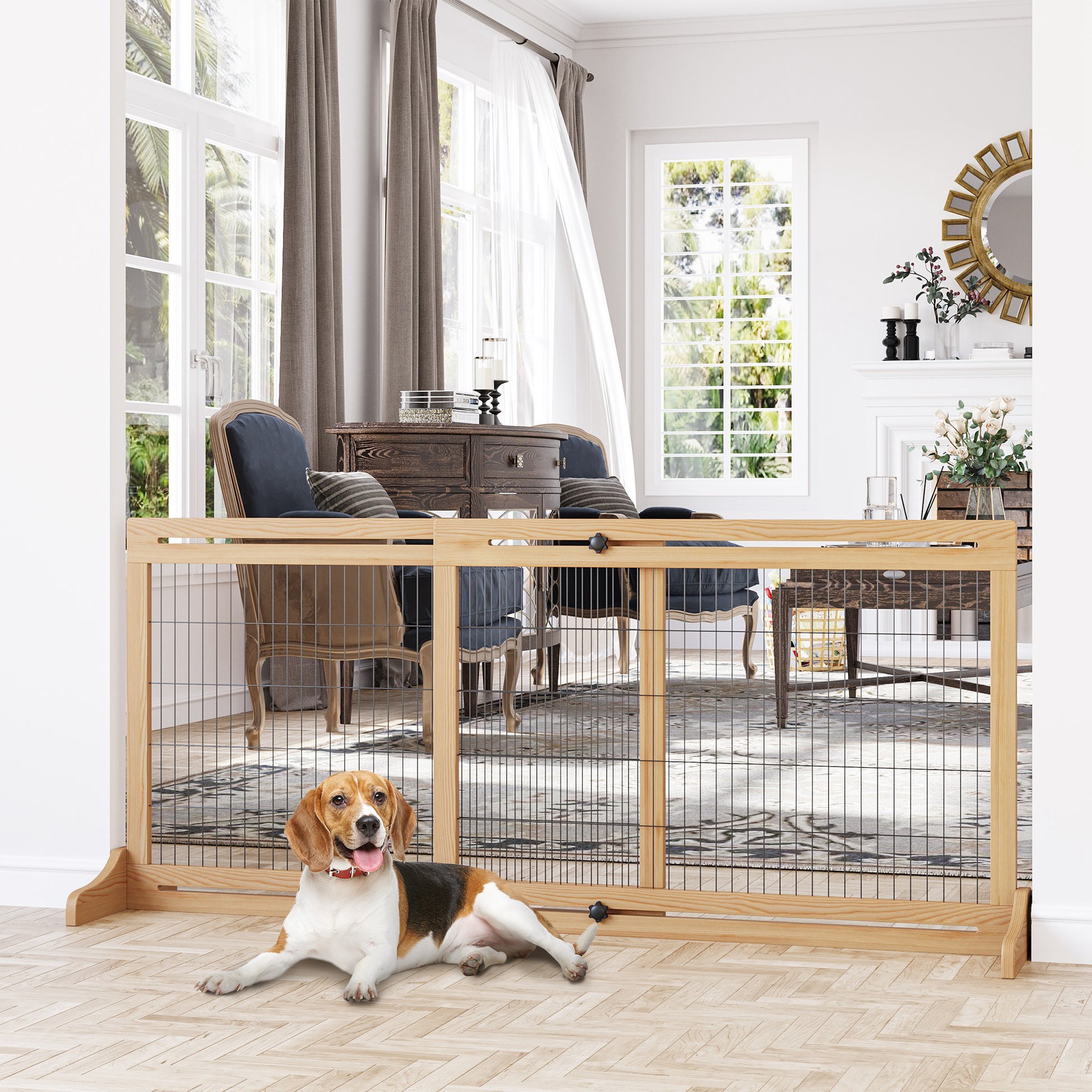 Pawhut 72" W X 27.25" H Extra Wide Freestanding Pet Gate With Adjustable Length Dog, Cat, Barrier For House, Doorway, Hallway, Natural Natural Wood