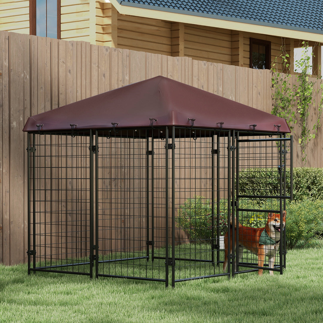 Pawhut 4.6' X 5' Dog Kennel Outdoor With Waterproof Cover, Dog Playpen For Small And Medium Sized Dogs With Two Part Door Design, Brown Brown Steel