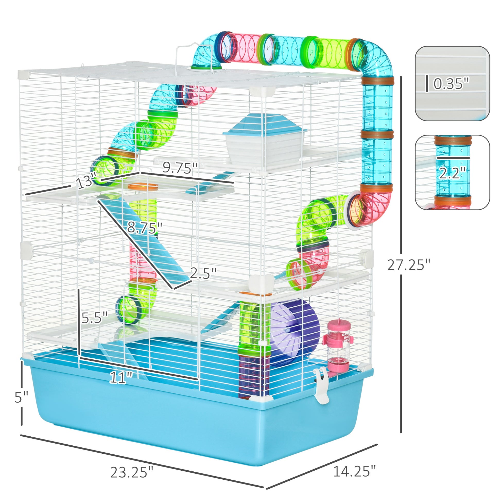 Pawhut Extra Large 23" Hamster Cage With Tubes And Tunnels, Portable Carry Handles, Rat House And Habitats Big 5 Tier Design, Includes Exercise Wheel, Water Bottle, Food Dish, Light Blue Blue Metal