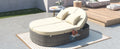 Outdoor Sun Bed Patio 2 Person Daybed With Cushions And Pillows, Rattan Garden Reclining Chaise Lounge With Adjustable Backrests And Foldable Cup Trays For Lawn, Poolside, Beige Yes Complete Patio Set Beige Weather Resistant Frame Water Resistant Cushion