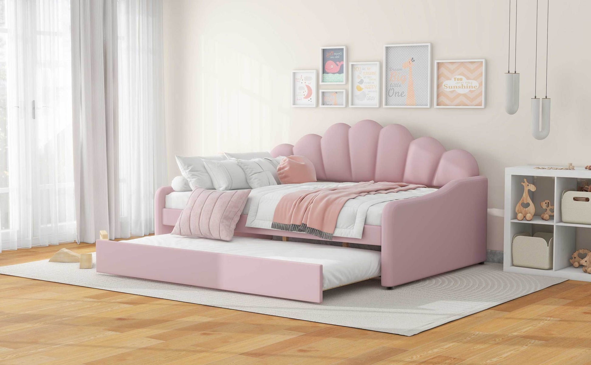 Full Size Upholstery Daybed Frame With Shall Shaped Backrest And Trundle,Pink Full Pink Upholstered