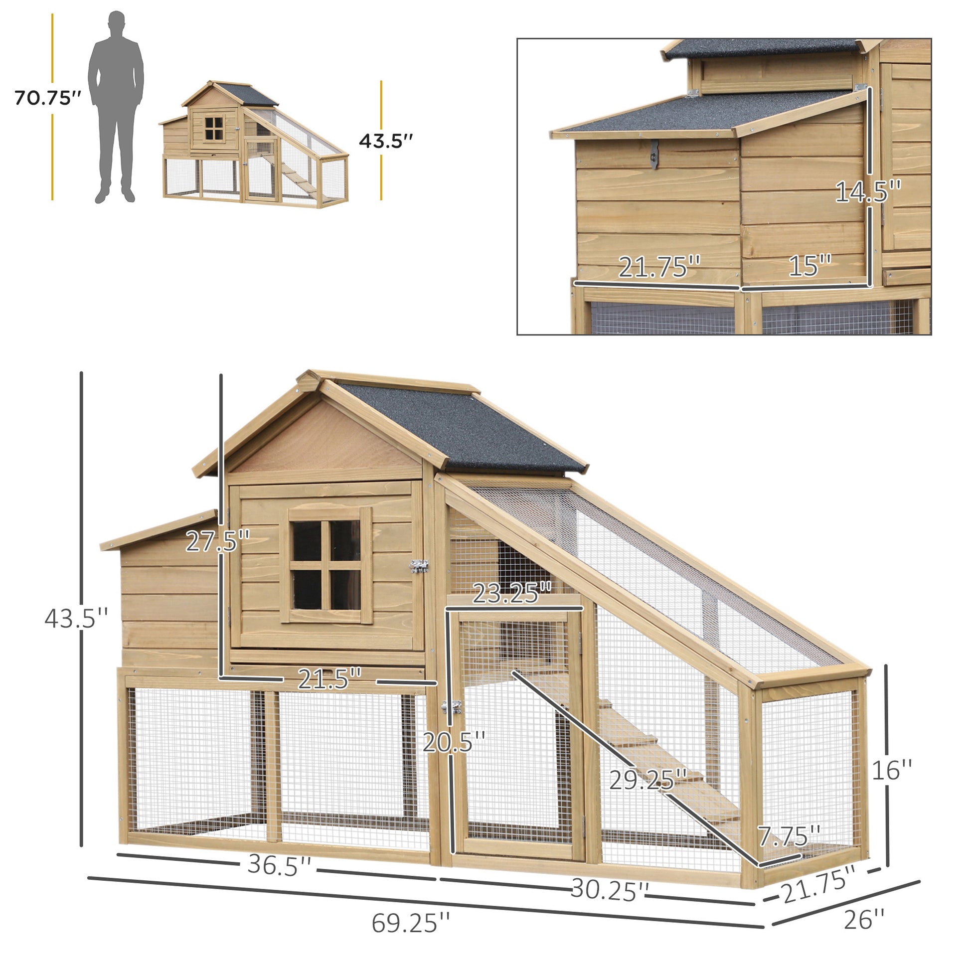 Pawhut 69" Wooden Chicken Coop, Poultry Cage Hen House With Connecting Ramp, Removable Tray, Ventilated Window And Nesting Box, Natural Natural Wood