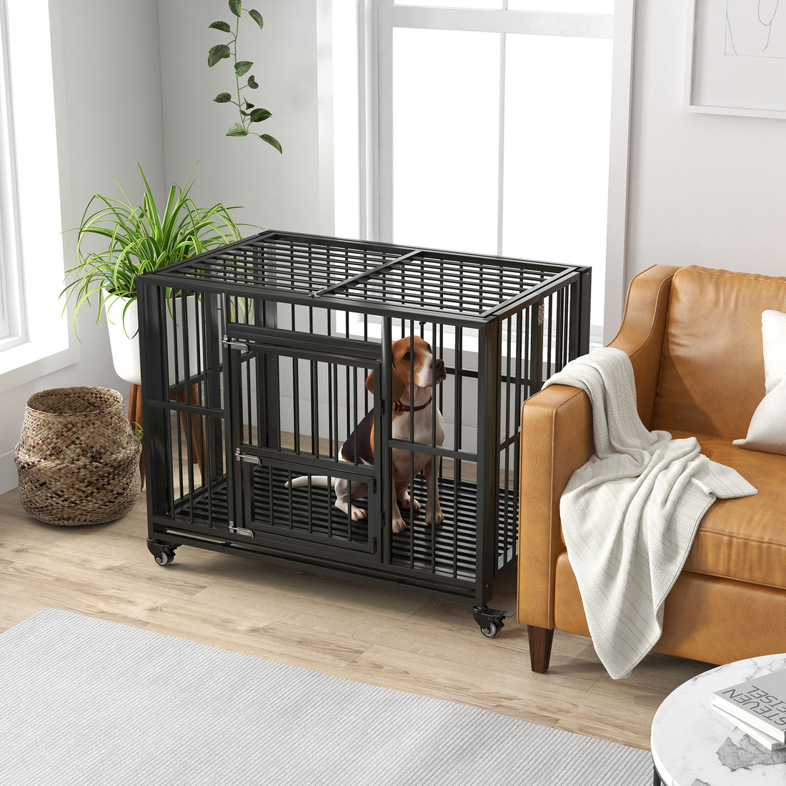 Pawhut 43" Heavy Duty Dog Crate, Strong Steel Foldable Large Dog Crate With 4 Lockable Wheels, Double Doors, Openable Top And Removable Trays For Medium And Large Dogs, Black Black Steel