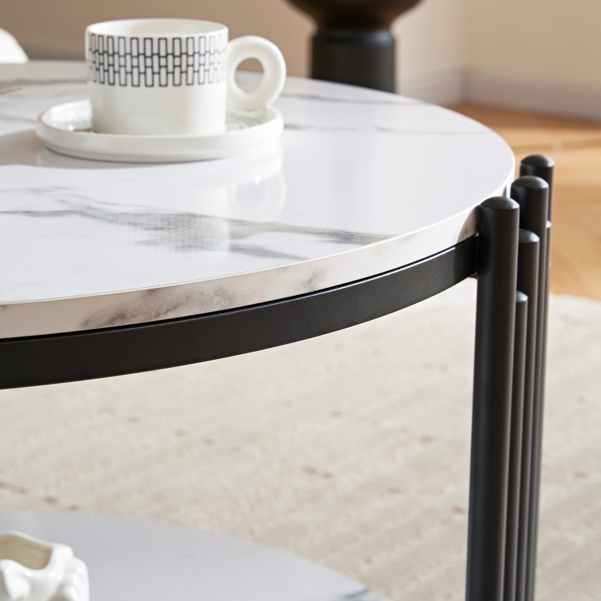 28.35 Inches Round Coffee Table, Small Coffee Table With Storage, Faux Marbling Top & Sturdy Metal Legs, Modern Sofa Table For Living Room, Small Spaces, Home Furniture With Storage Open Shelf. Black Black Mdf Metal