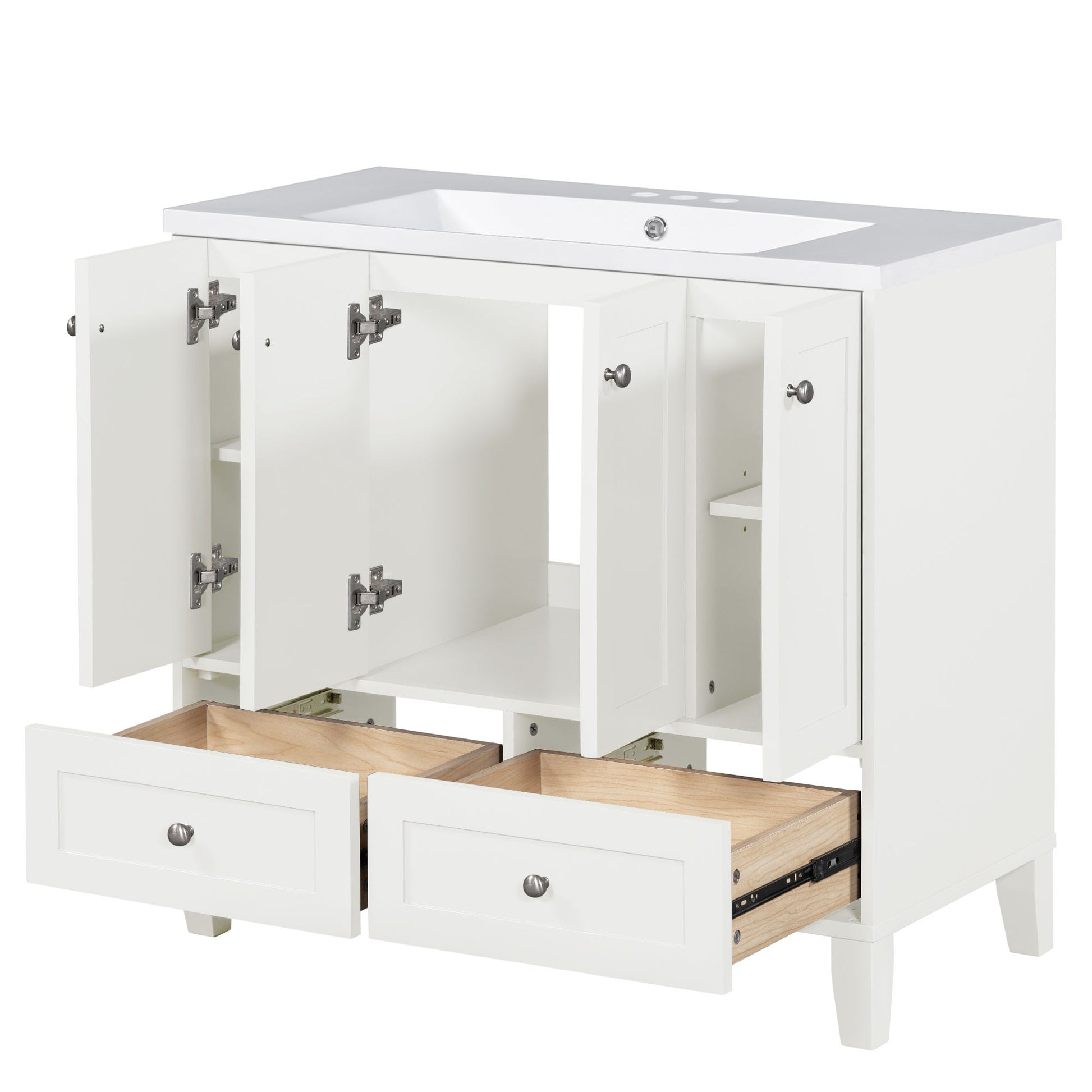 36'' Bathroom Vanity With Resin Sink Combo,Solid Wood Frame Bathroom Storage Cabinet, Freestanding Vanity Set With 4 Soft Closing Doors& 2 Drawers 2 White 4 5 Adjustable Shelves Bathroom Freestanding Solid Wood Mdf Resin Painted