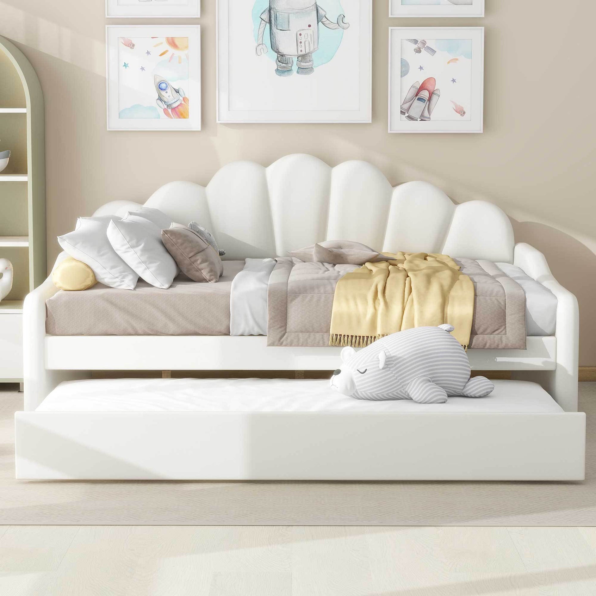 Full Size Upholstery Daybed Frame With Shall Shaped Backrest And Trundle,White Full White Solid Wood Mdf