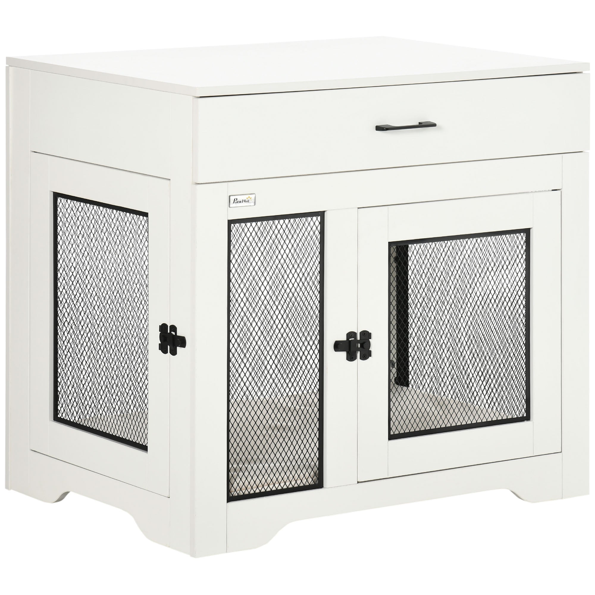 Pawhut Dog Crate Furniture With Soft Water Resistant Cushion, Dog Crate End Table With Drawer, Puppy Crate For Small Dogs Indoor With 2 Doors, White White Steel