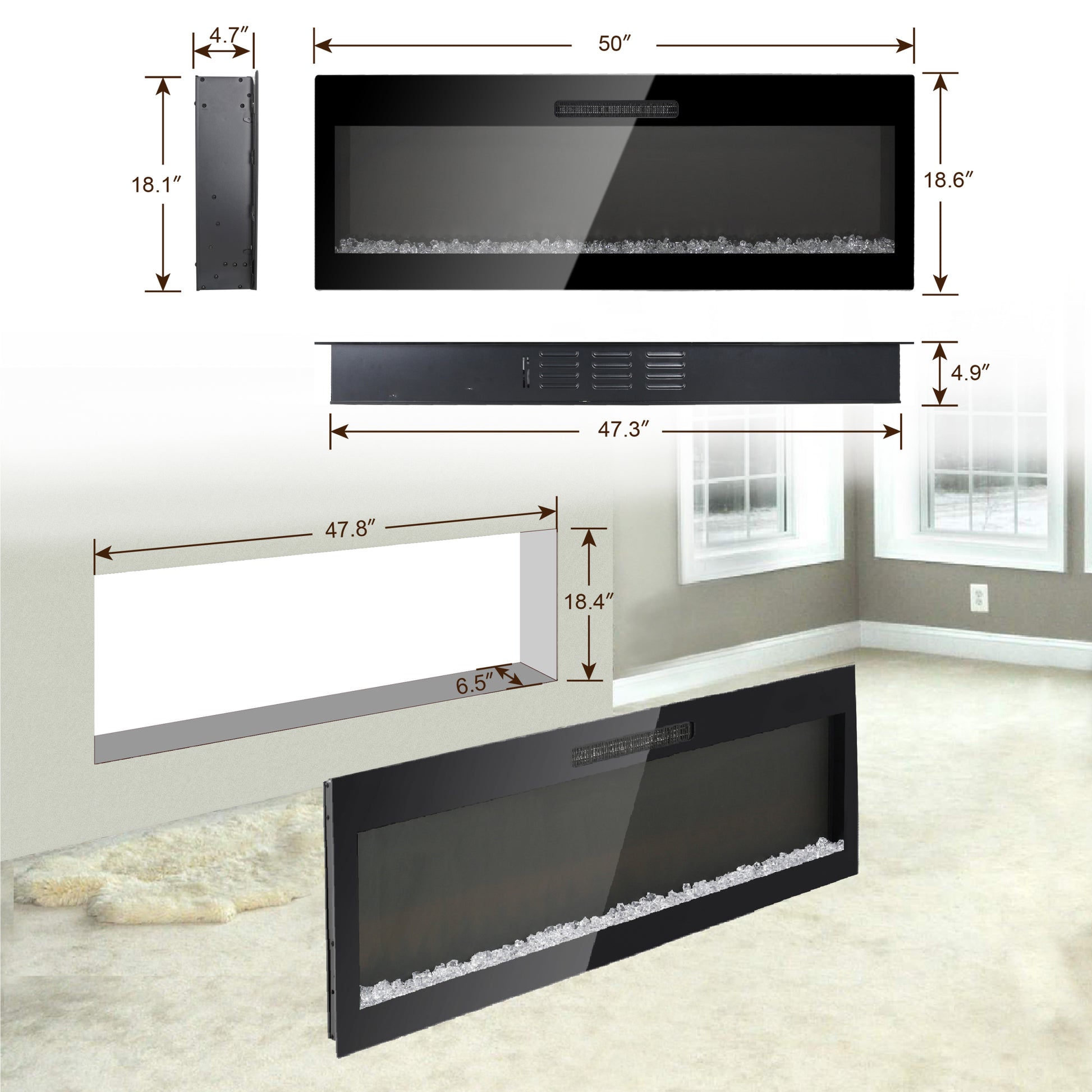 50 Inch Electric Fireplace, Recessed And Wall Mounted Fireplace Powder Coated Electric Antique Black Vent Free Yes Tempered Glass Sheet Metal Plastic Electric