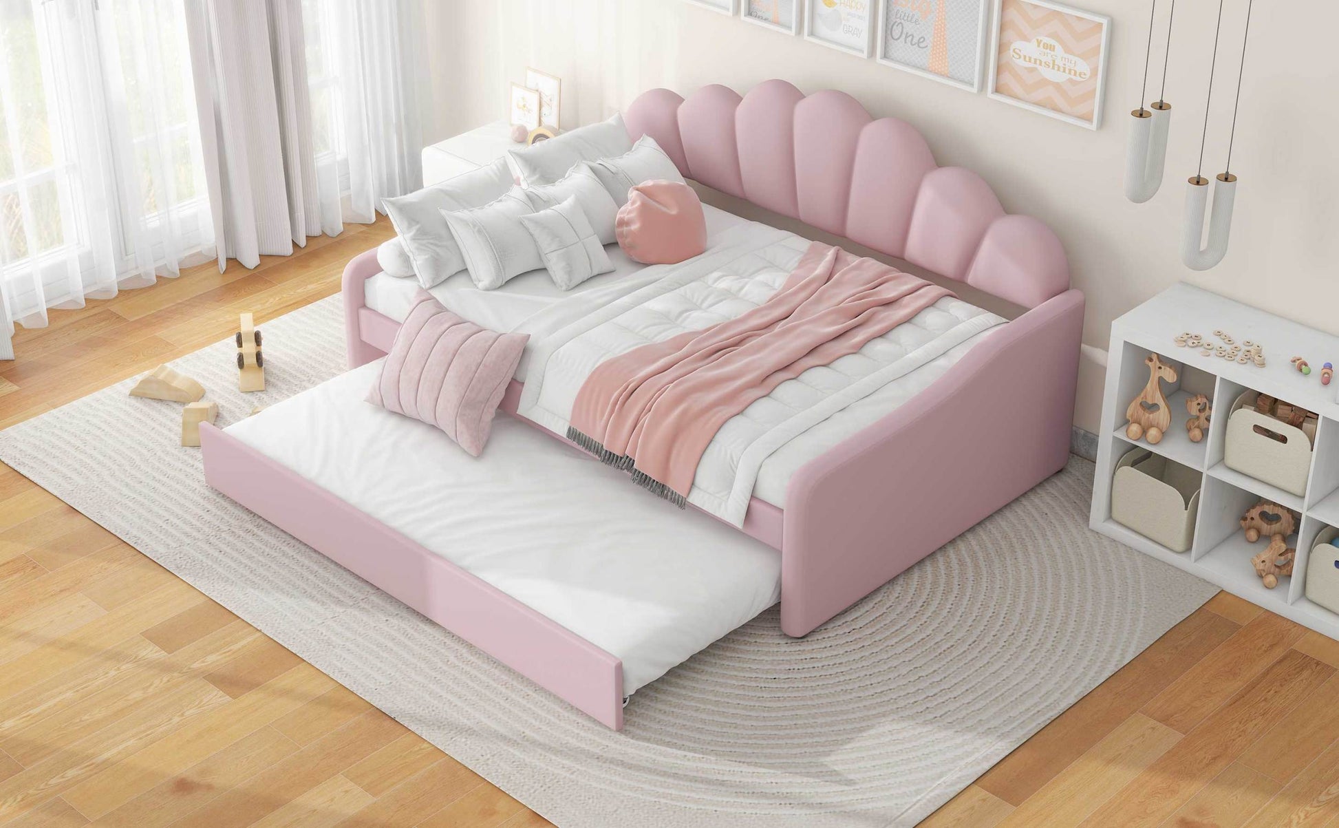 Full Size Upholstery Daybed Frame With Shall Shaped Backrest And Trundle,Pink Full Pink Upholstered