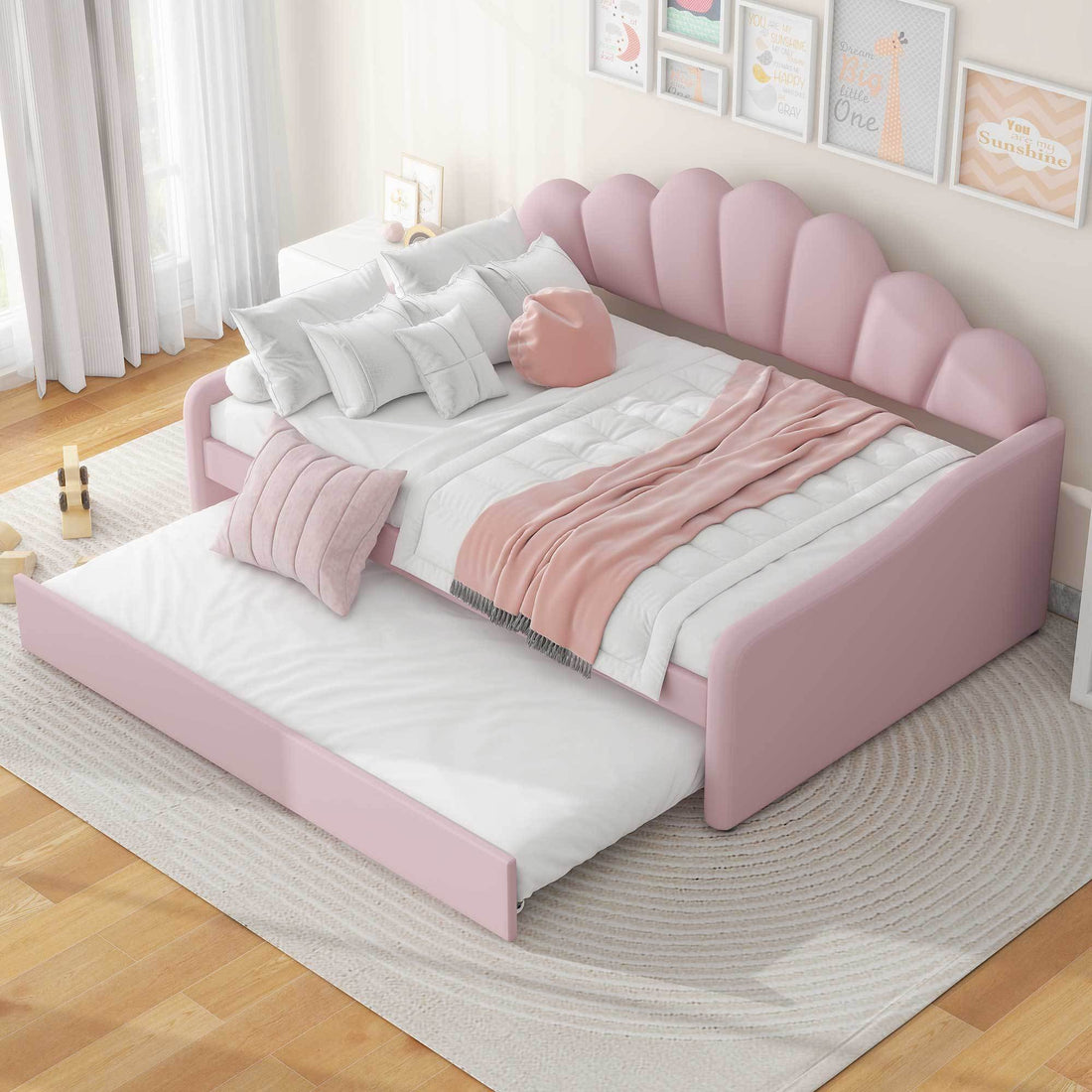 Full Size Upholstery Daybed Frame With Shall Shaped Backrest And Trundle,Pink Full Pink Upholstered