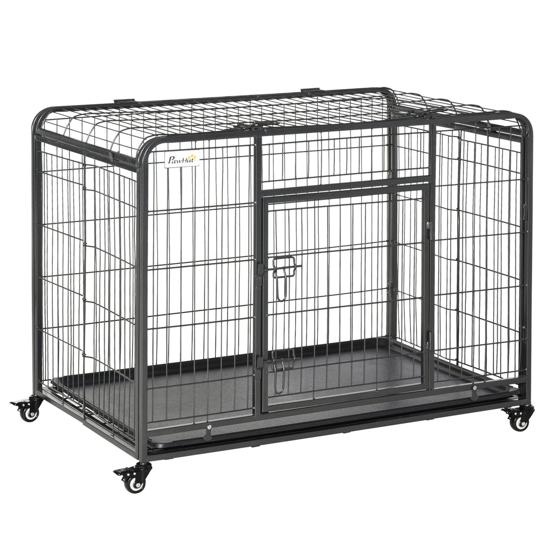 Pawhut Folding Design Heavy Duty Metal Dog Cage Crate & Kennel With Removable Tray And Cover, & 4 Locking Wheels, Indoor Outdoor 43" Gray Steel