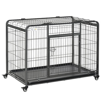 Pawhut Folding Design Heavy Duty Metal Dog Cage Crate & Kennel With Removable Tray And Cover, & 4 Locking Wheels, Indoor Outdoor 43" Gray Steel