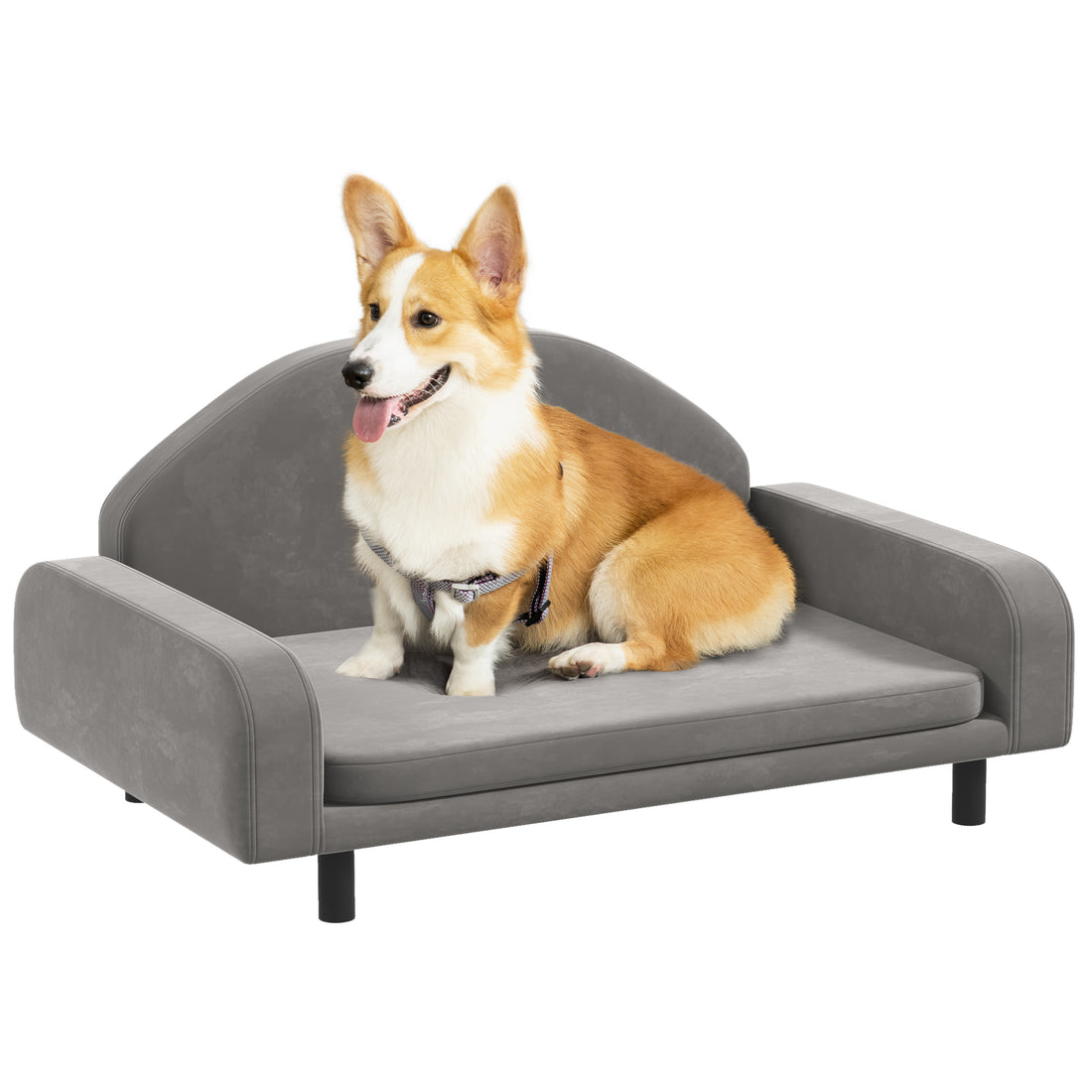 PawHut Raised Dog Sofa, Elevated Pet Sofa for Small gray-wood