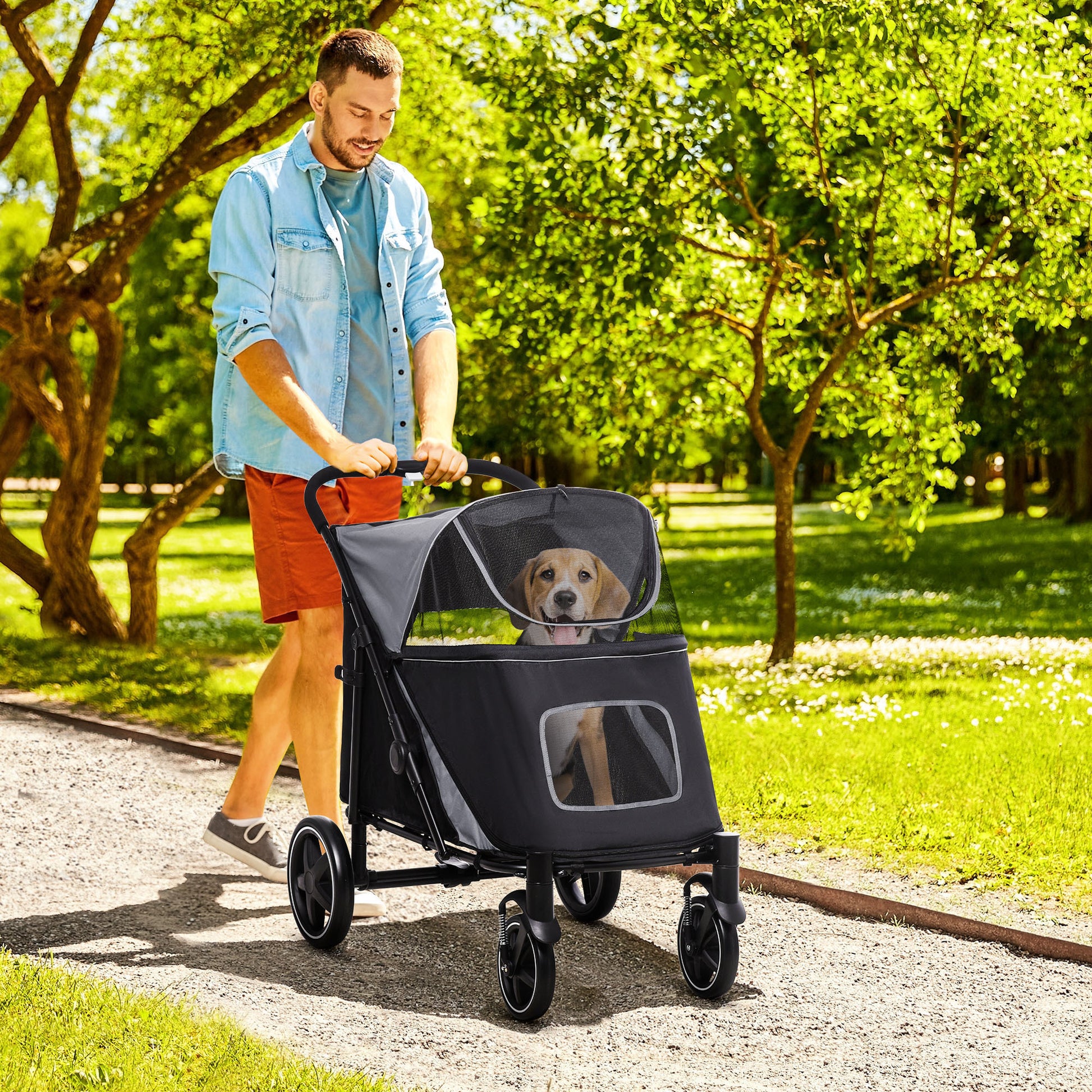 Pawhut One Click Foldable Doggy Stroller For Medium Large Dogs, Pet Stroller With Storage, Smooth Ride With Shock Absorption, Mesh Window, Safety Leash, Big Dog Walking Stroller, Gray Gray Steel