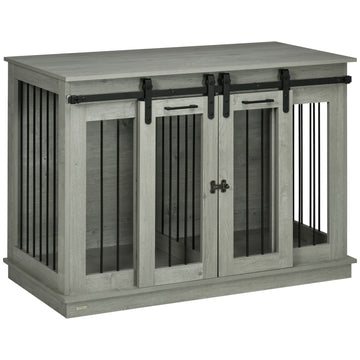 Pawhut Dog Crate Furniture With Divider, Dog Crate End Table For Small To Large Dogs, Large Indoor Dog Kennel With Double Doors, 47"W X 23.5"D X 35"H, Gray Gray Steel