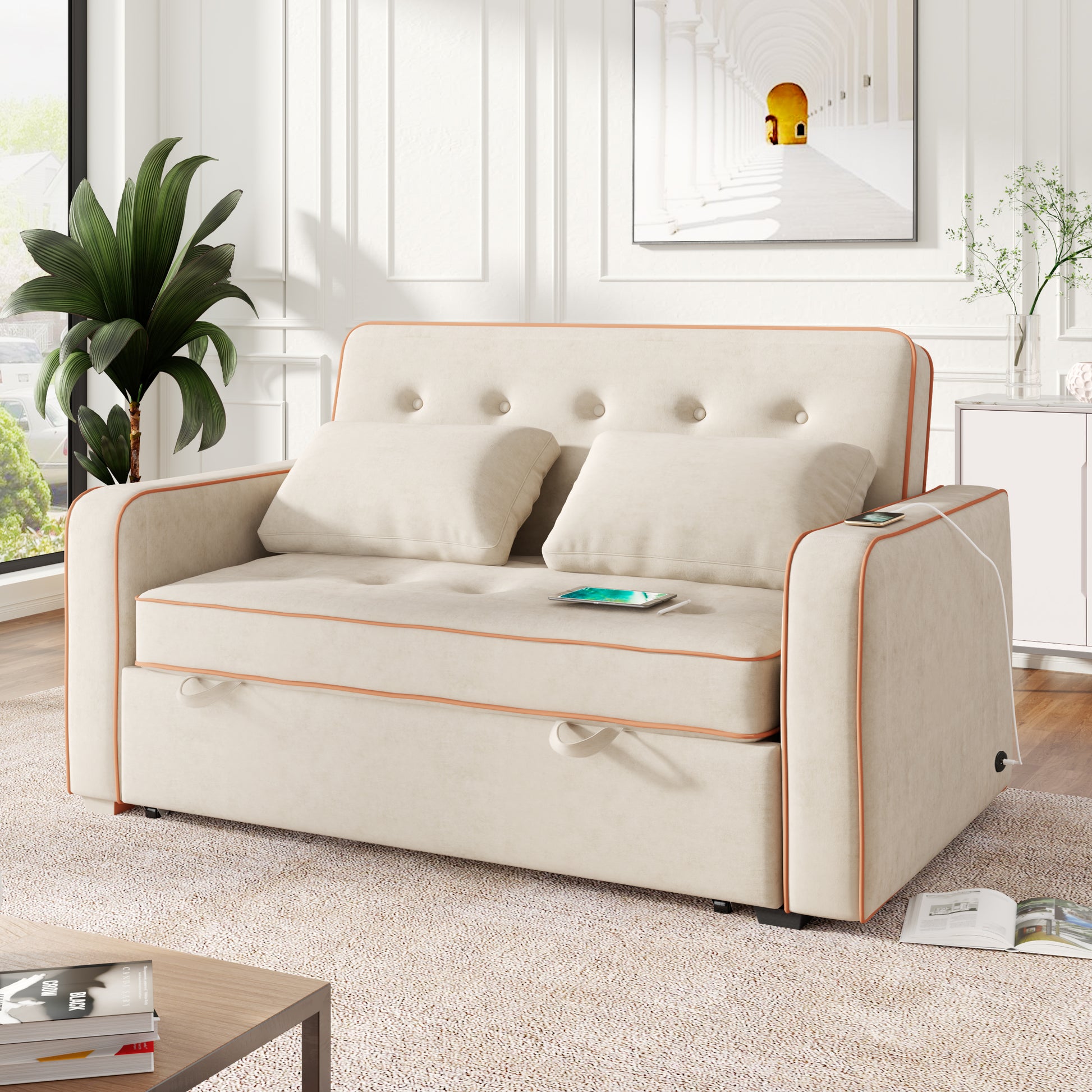 66.5" Velvet Upholstered Sleeper Bedpull Out Sofa Bed Couch Attached Two Throw Pillows,Dual Usb Charging Port And Adjustable Backrest For Living Room Space, Light Beige Beige Foam Velvet 2 Seat