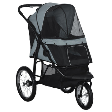 Pawhut Pet Stroller For Small And Medium Dogs, 3 Big Wheels Foldable Cat Stroller With Adjustable Canopy, Safety Tether, Storage Basket, Gray Gray Steel