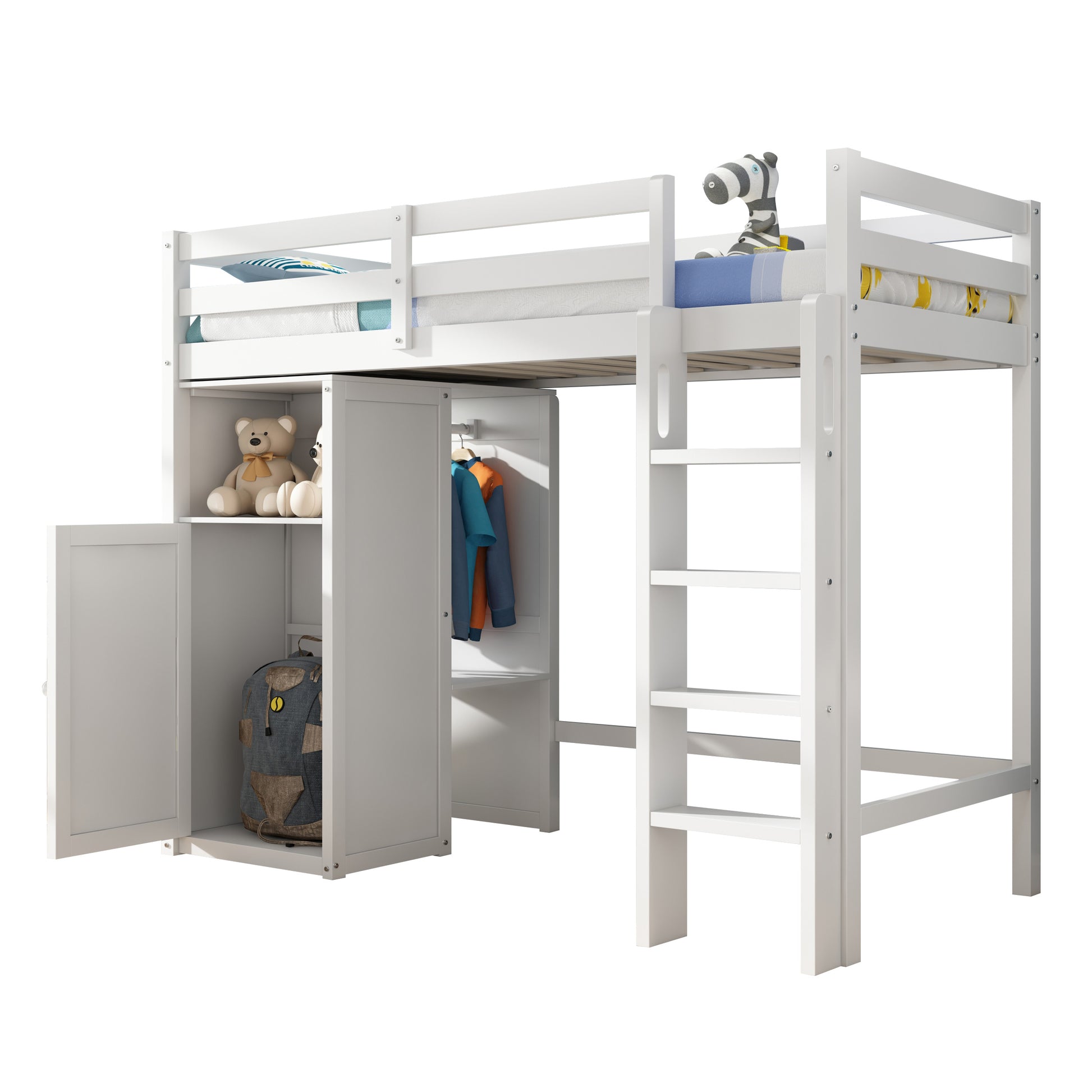 Twin Loft Bed With Wardrobe, Storage Shelves And Ladder, White Twin White Solid Wood Mdf