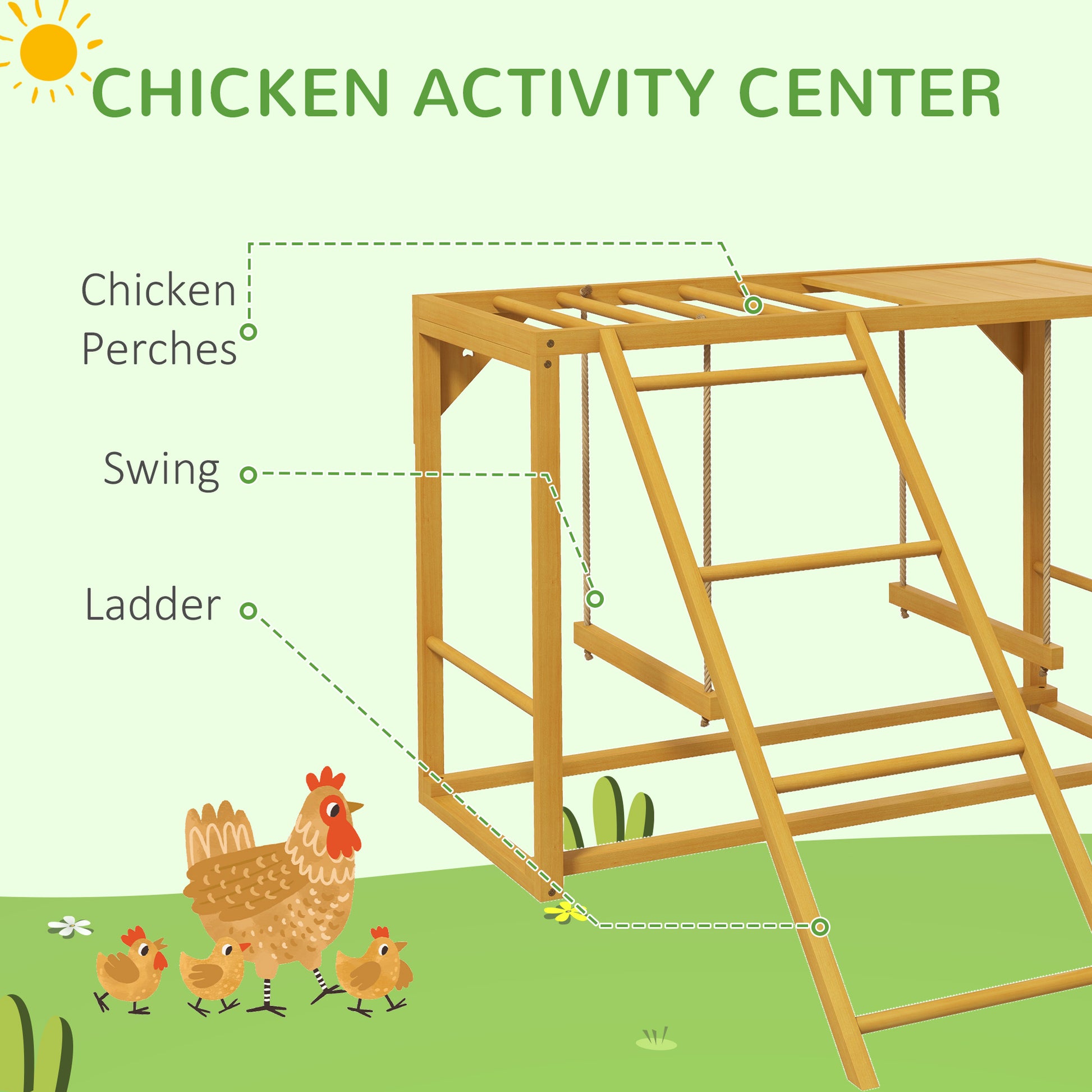 Pawhut Chicken Activity Play With Swing Set For 3 4 Birds, Wooden Chicken Coop Accessory With Multiple Chicken Perches & Hen Ladder, Natural Natural Wood