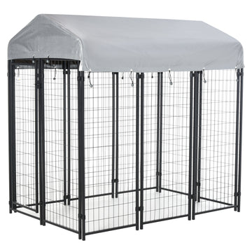 Pawhut 6' X 4' X 6' Dog Playpen Outdoor, Dog Kennel Dog Exercise Pen With Lockable Door, Water Resistant Canopy, For Medium And Large Dogs Black Steel