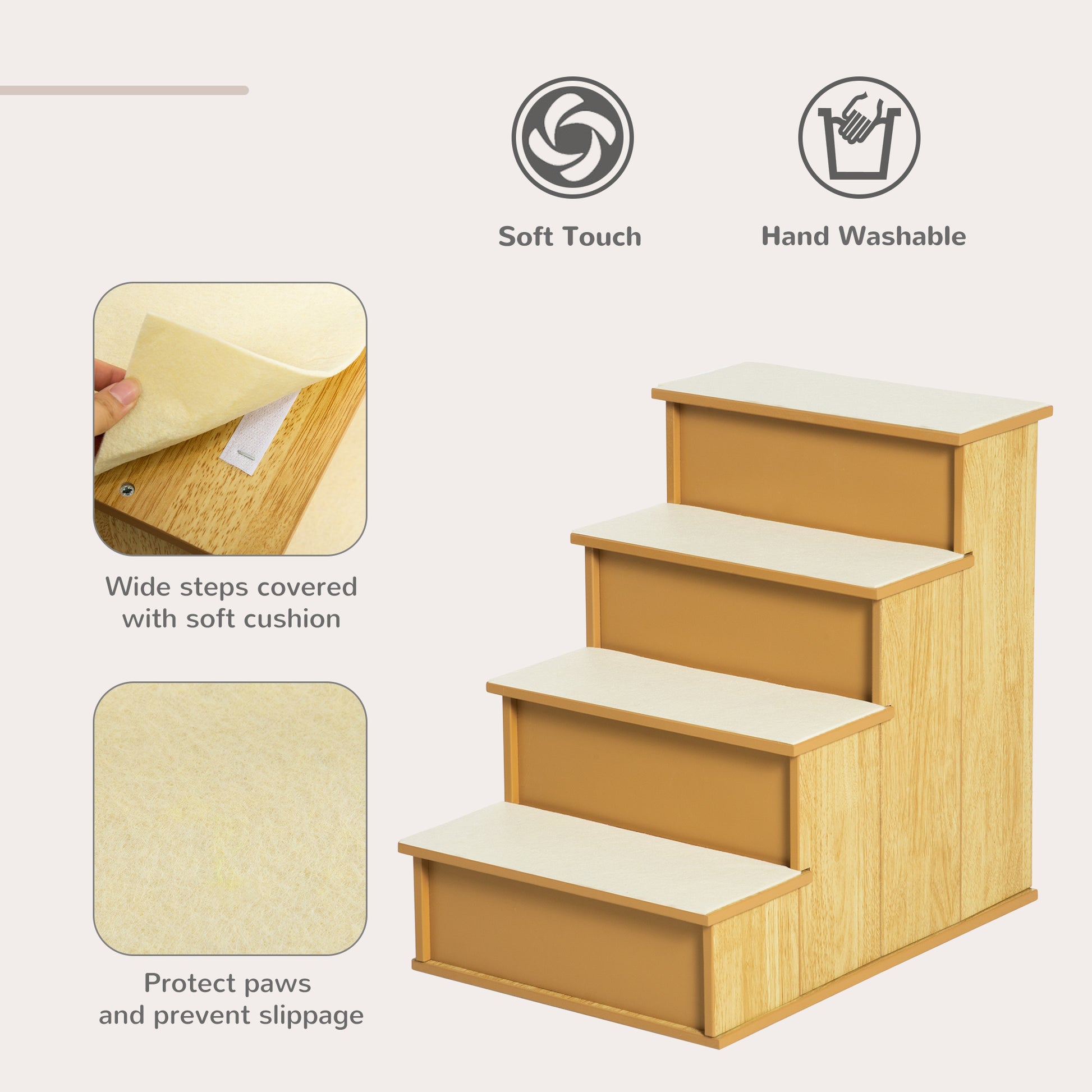 Pawhut Pet Stairs, Small Pet Steps With Cushioned Removable Covering For Dogs And Cats Up To 22 Lbs., Natural Natural Mdf