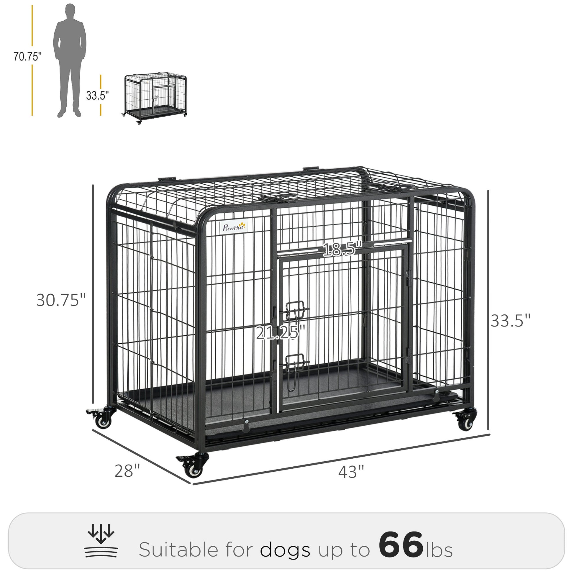 Pawhut Folding Design Heavy Duty Metal Dog Cage Crate & Kennel With Removable Tray And Cover, & 4 Locking Wheels, Indoor Outdoor 43" Gray Steel