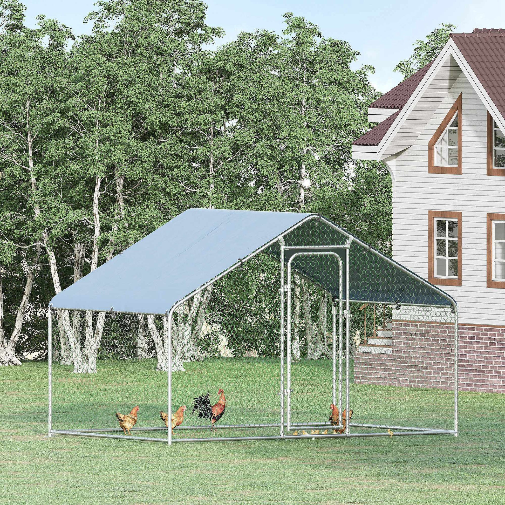 Pawhut Large Chicken Coop Metal Chicken Run With Waterproof And Anti Uv Cover, Spire Shaped Walk In Fence Cage Hen House For Outdoor And Yard Farm Use, 1.26" Tube Diameter, 9.8' X 6.6' X 6.4' Silver Steel